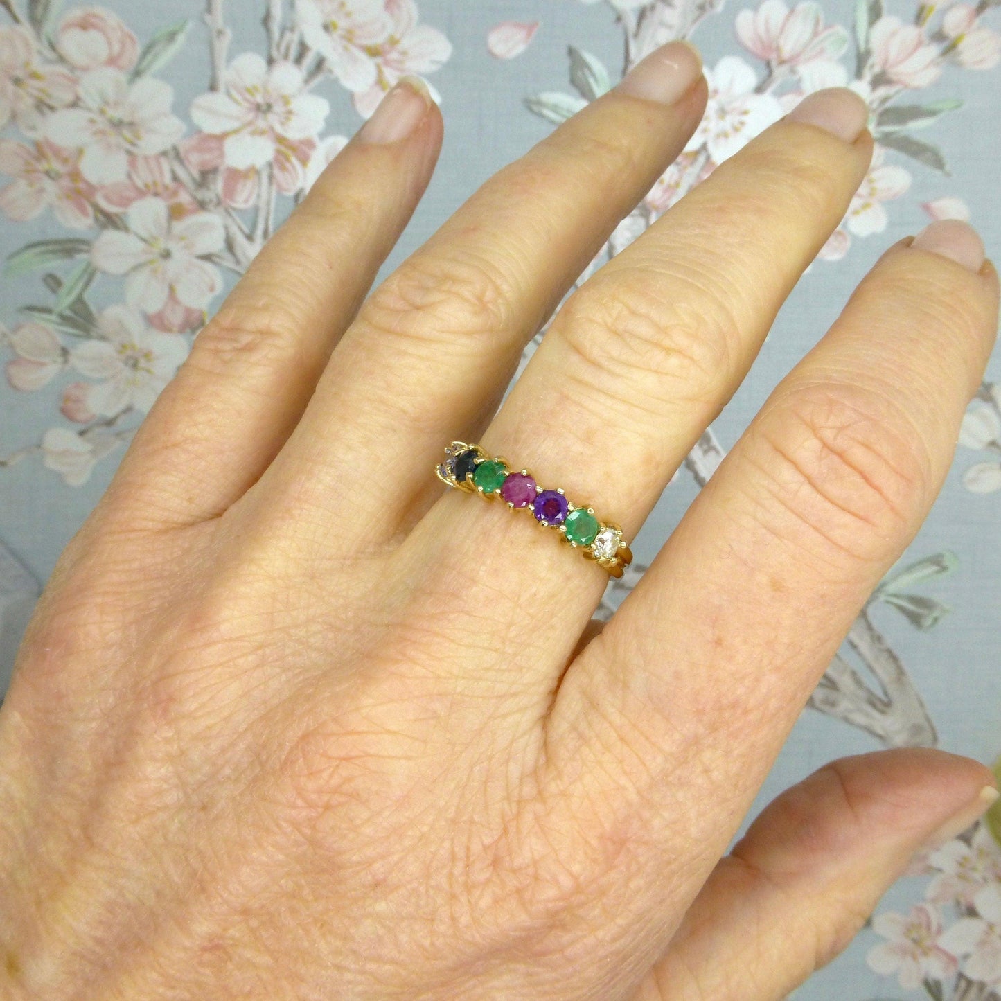 Vintage 9ct gold 'DEAREST' seven stone gemstone half eternity band ~ Anniversary ring