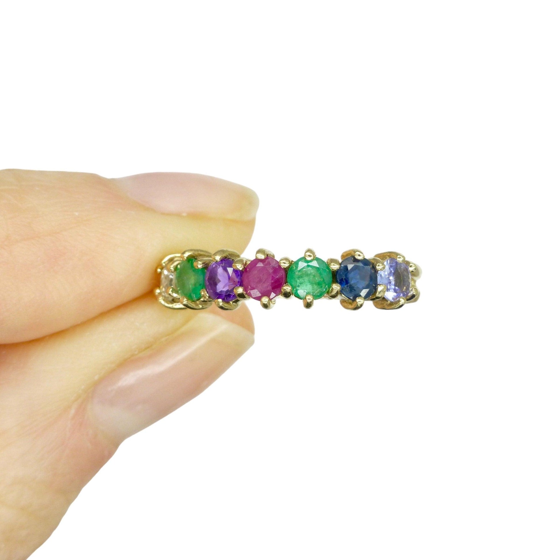 Vintage 9ct gold 'DEAREST' seven stone gemstone half eternity band ~ Anniversary ring