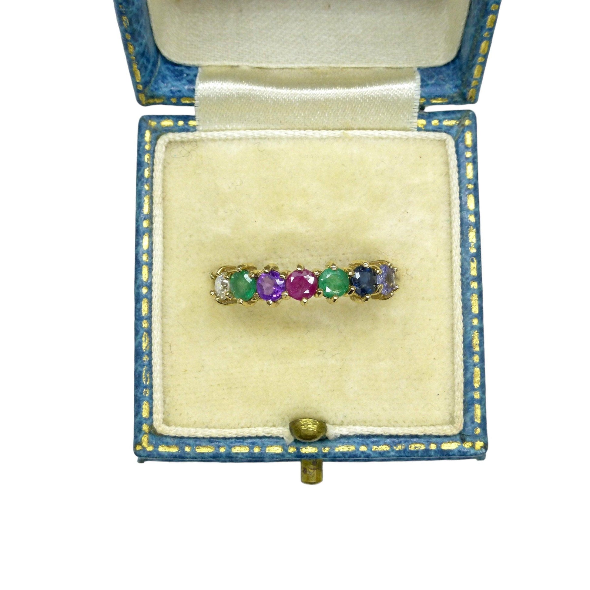 Vintage 9ct gold 'DEAREST' seven stone gemstone half eternity band ~ Anniversary ring