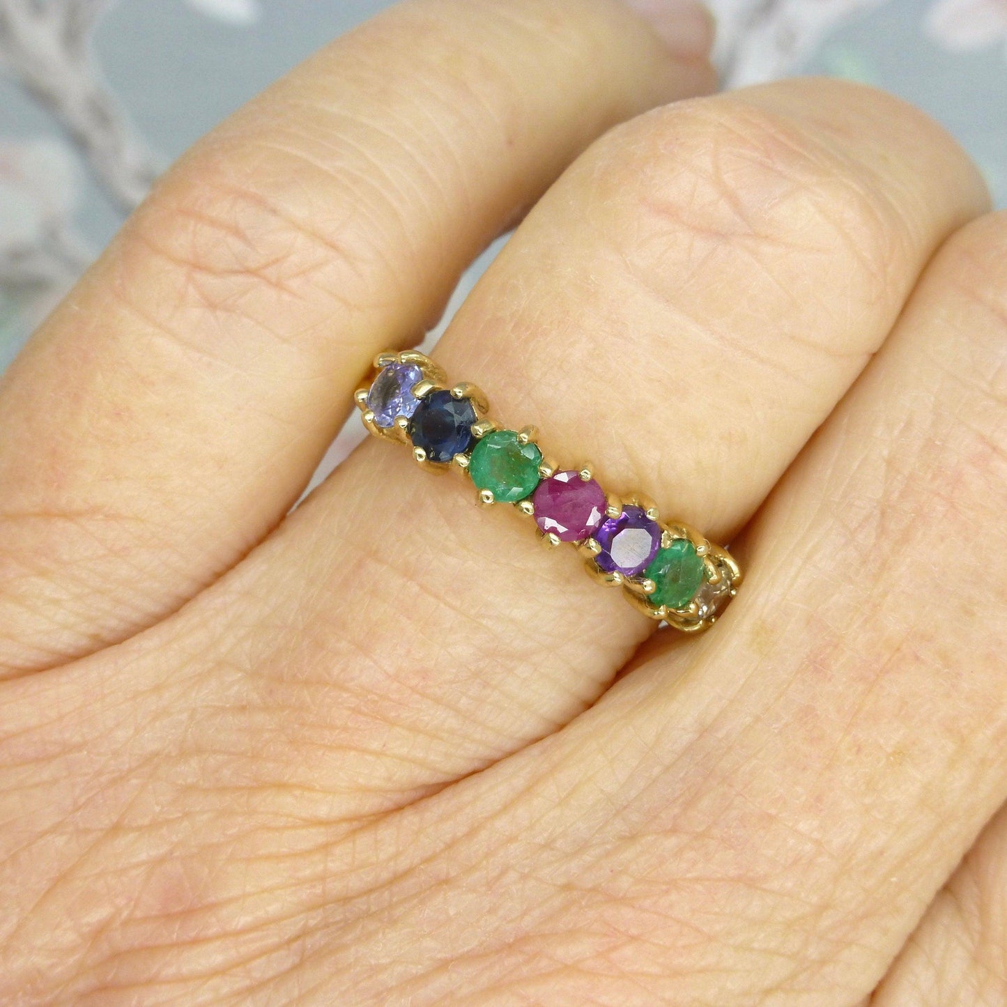 Vintage 9ct gold 'DEAREST' seven stone gemstone half eternity band ~ Anniversary ring