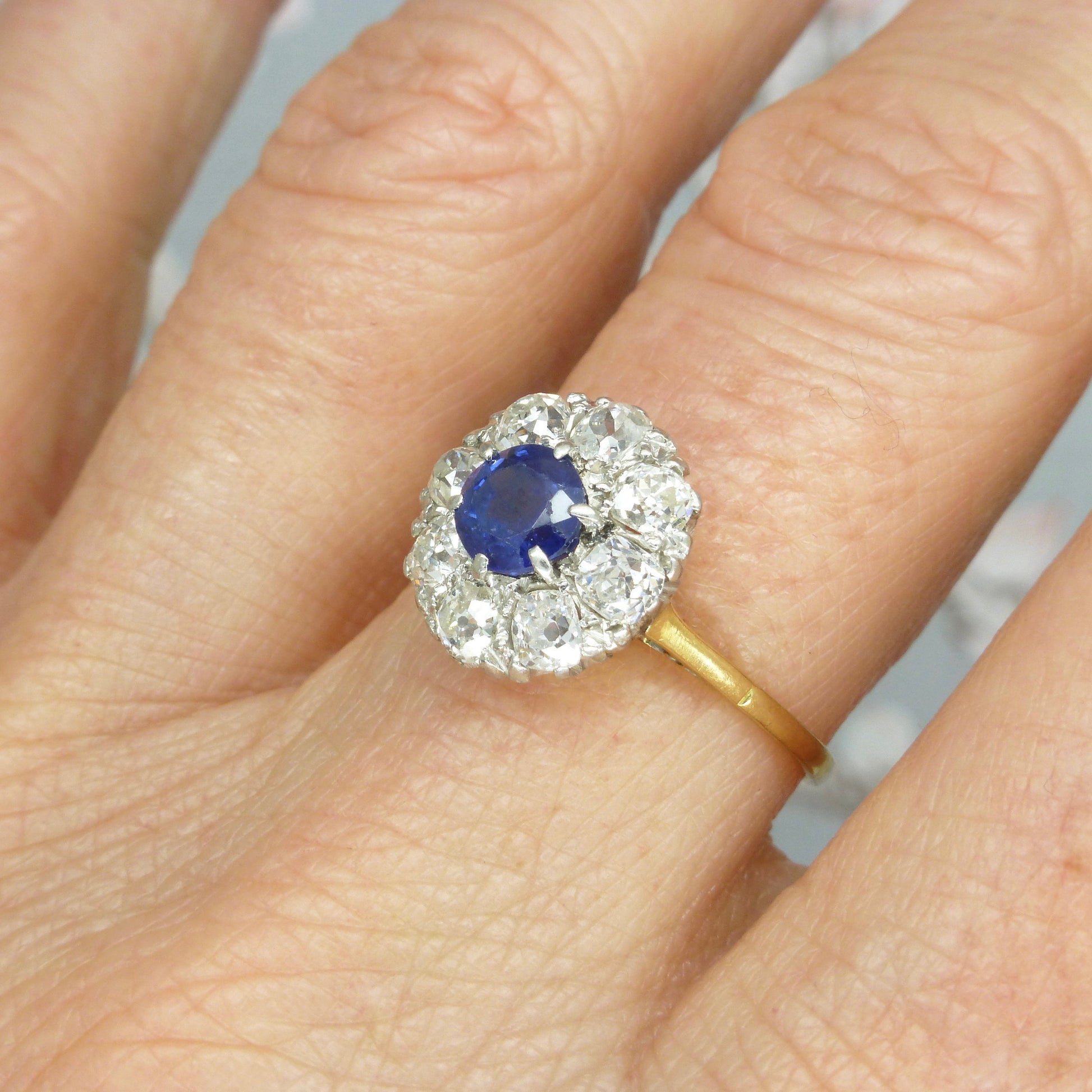 Antique 18ct Platinum sapphire & old mine cut diamond 0.80ct cluster ring 1910-1920s ~ With report