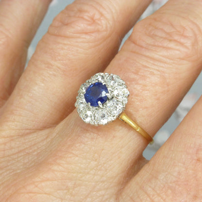 Antique 18ct Platinum sapphire & old mine cut diamond 0.80ct cluster ring 1910-1920s ~ With report