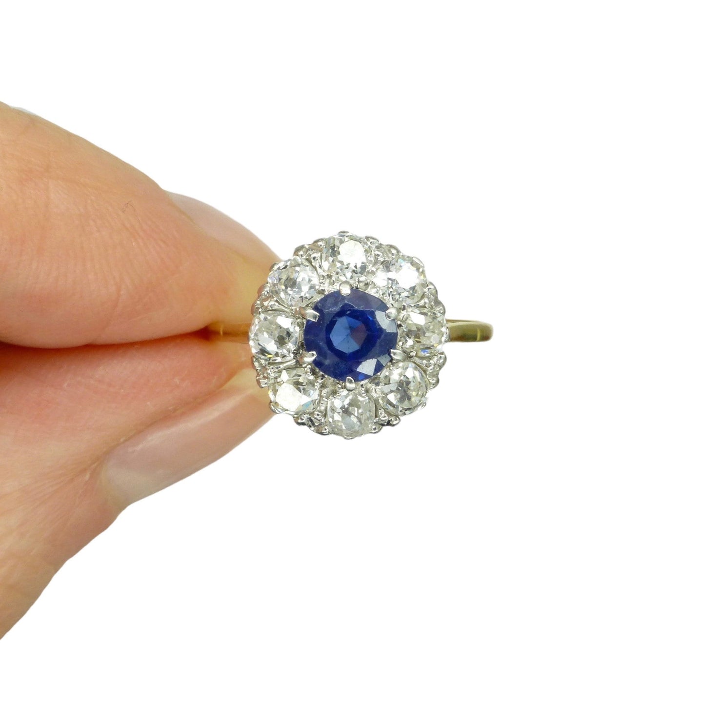 Antique 18ct Platinum sapphire & old mine cut diamond 0.80ct cluster ring 1910-1920s ~ With report