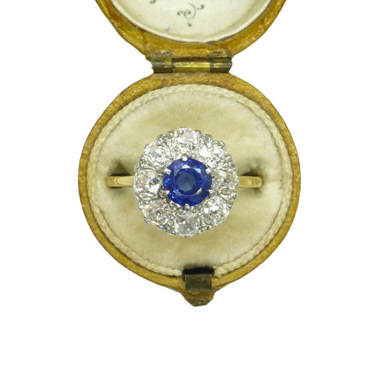 Antique 18ct Platinum sapphire & old mine cut diamond 0.80ct cluster ring 1910-1920s ~ With report