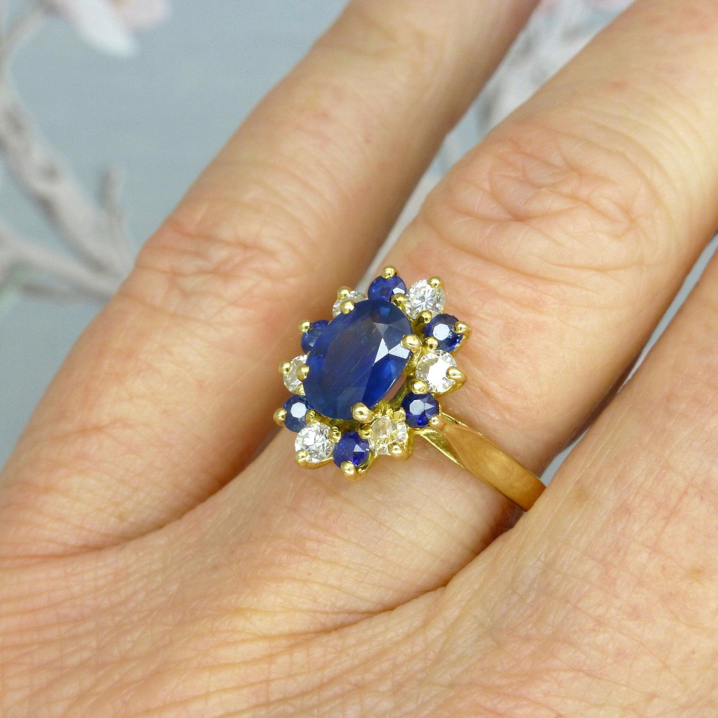 Unique Vintage French 18ct sapphire and diamond oval cluster ring