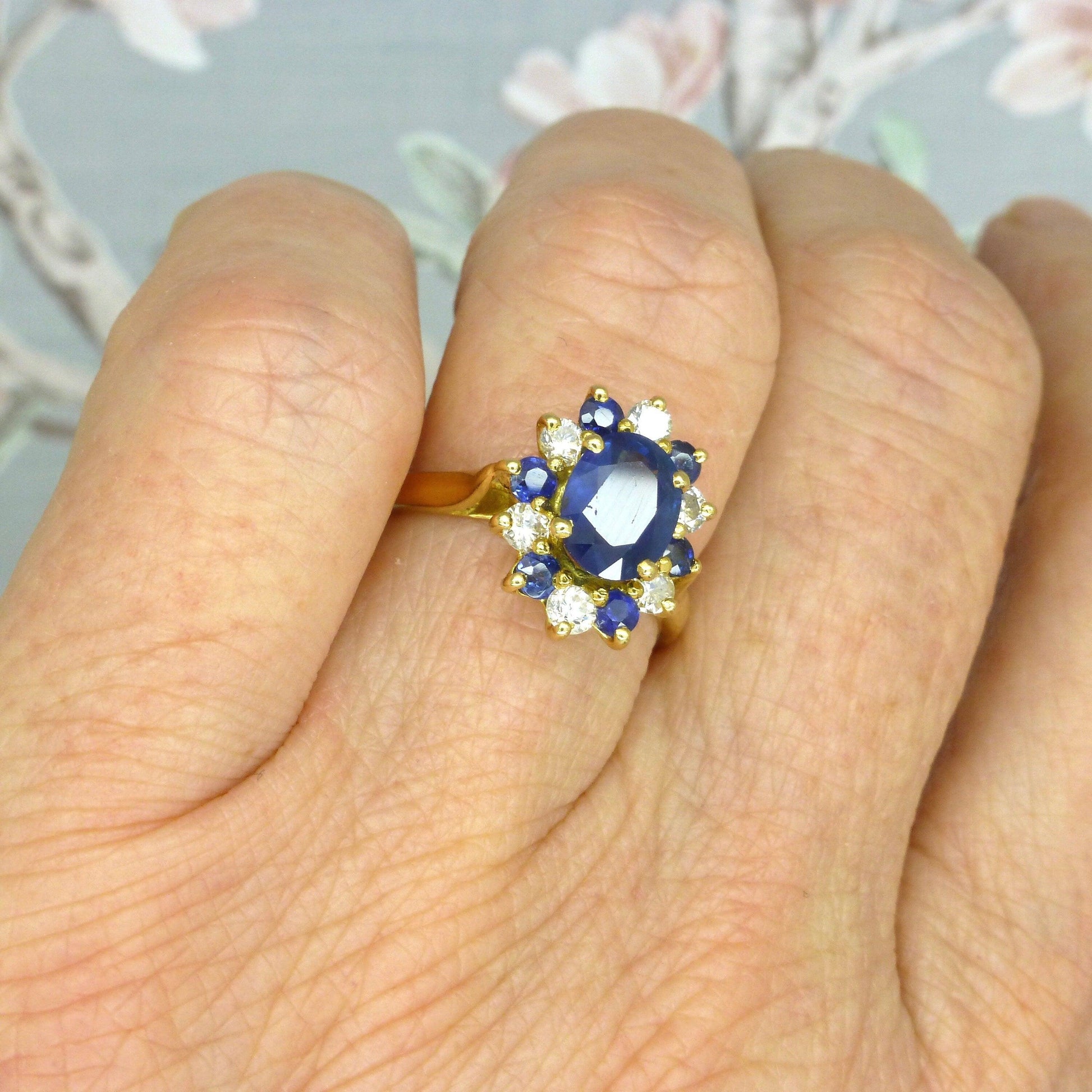 Unique Vintage French 18ct sapphire and diamond oval cluster ring