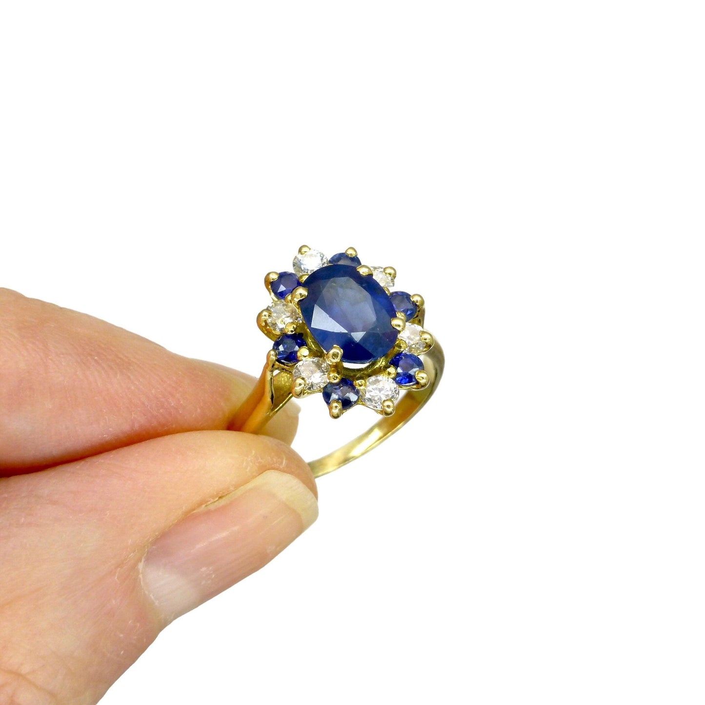 Unique Vintage French 18ct sapphire and diamond oval cluster ring