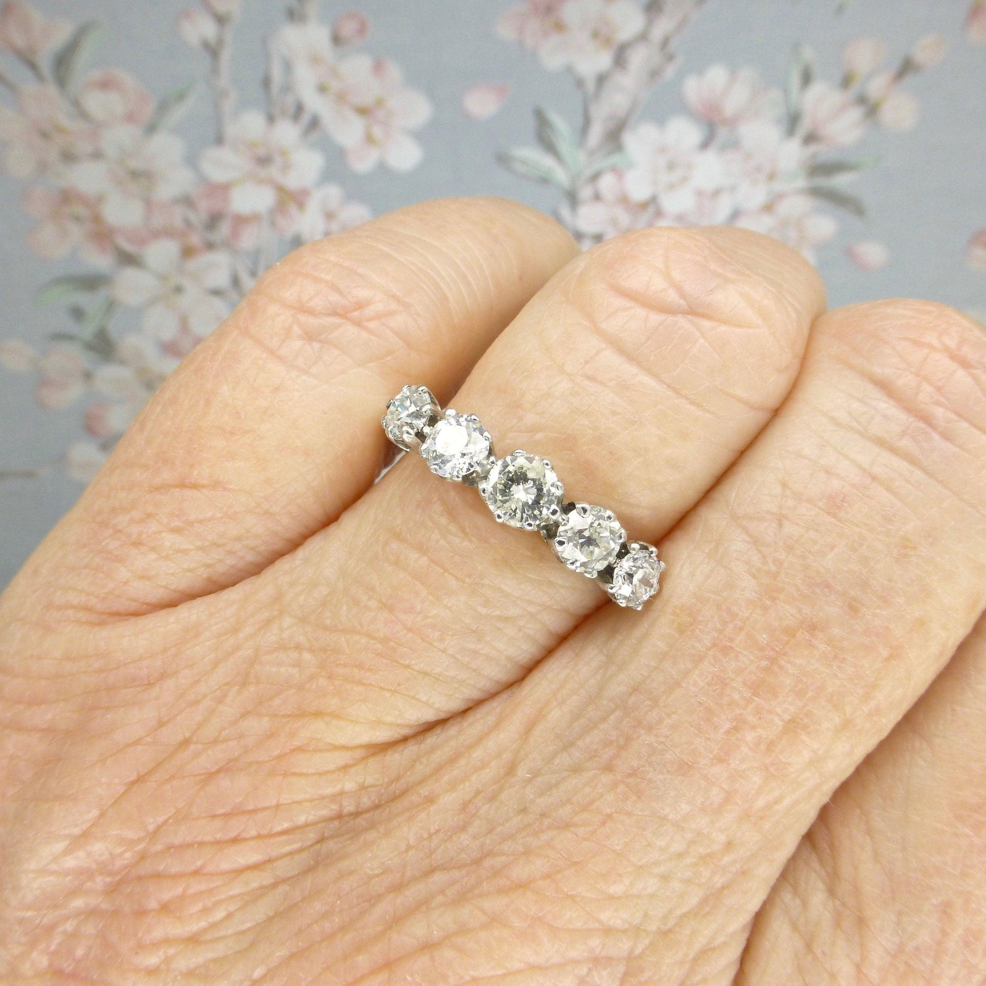 Antique 18ct white gold old cut diamond five stone ring c.1.00ct c1920's ~ with independent appraisal