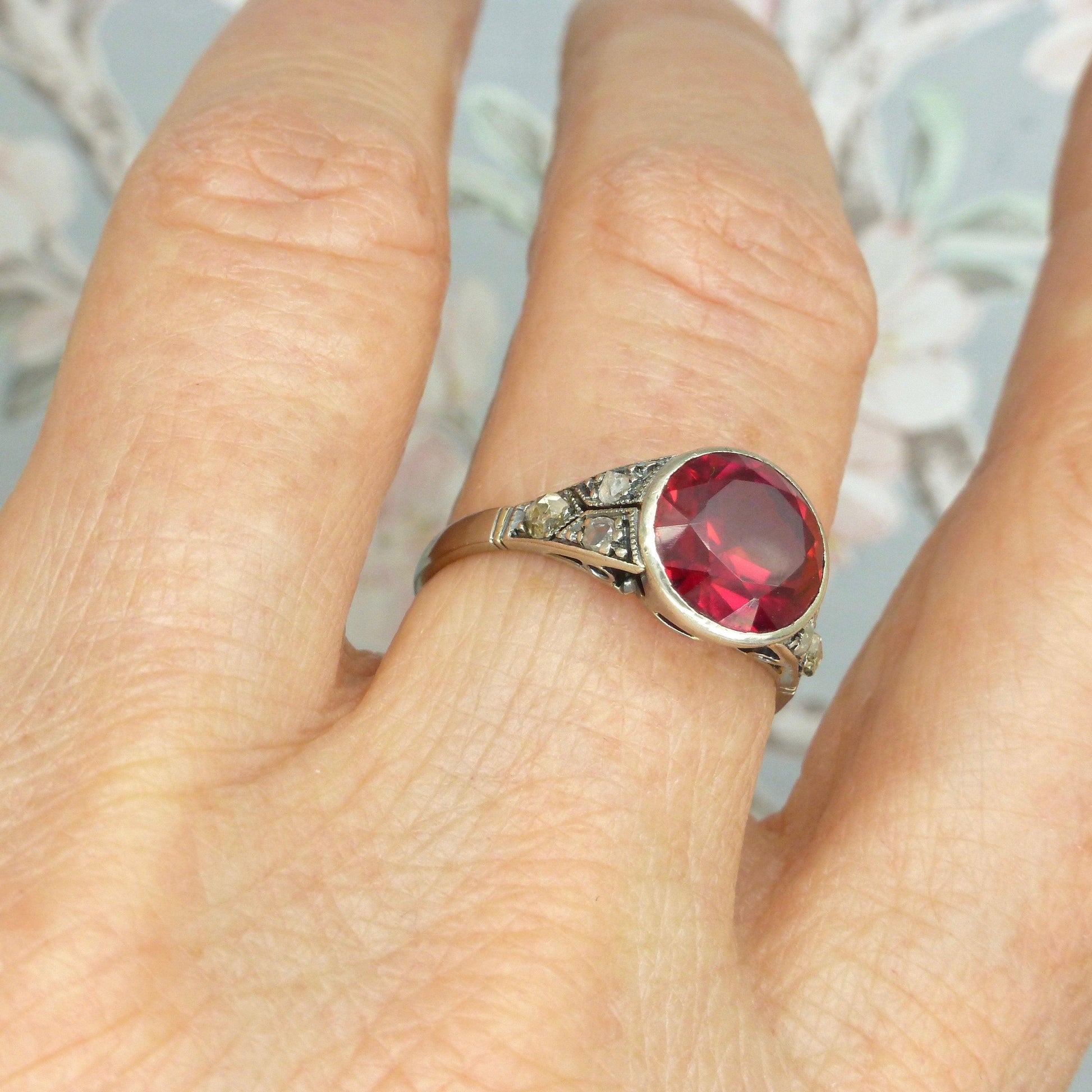 Art Deco white gold Vernueil Ruby and rose cut diamond solititaire ring c1920's