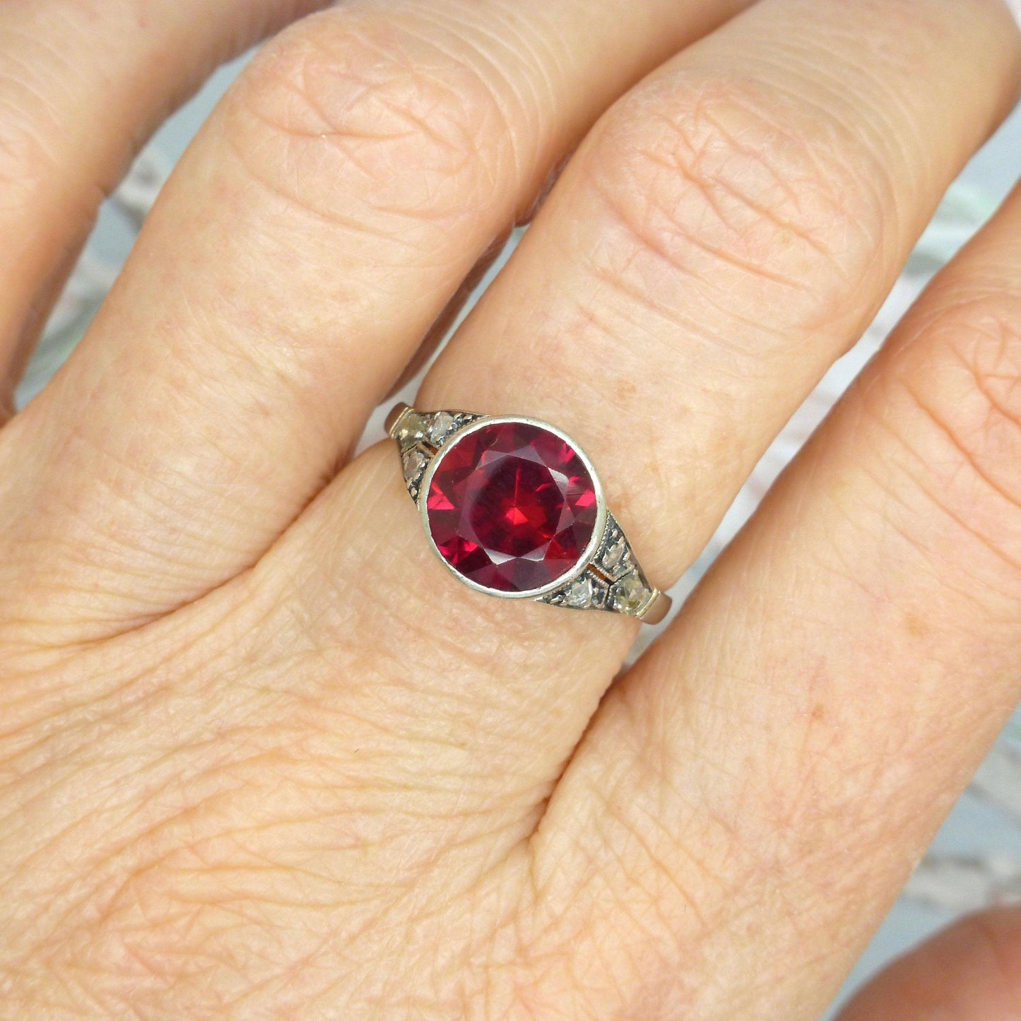 Art Deco white gold Vernueil Ruby and rose cut diamond solititaire ring c1920's