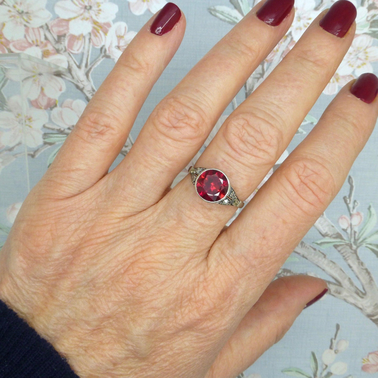 Art Deco white gold Vernueil Ruby and rose cut diamond solititaire ring c1920's