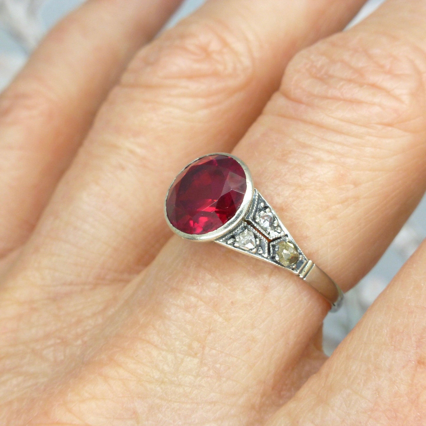 Art Deco white gold Vernueil Ruby and rose cut diamond solititaire ring c1920's