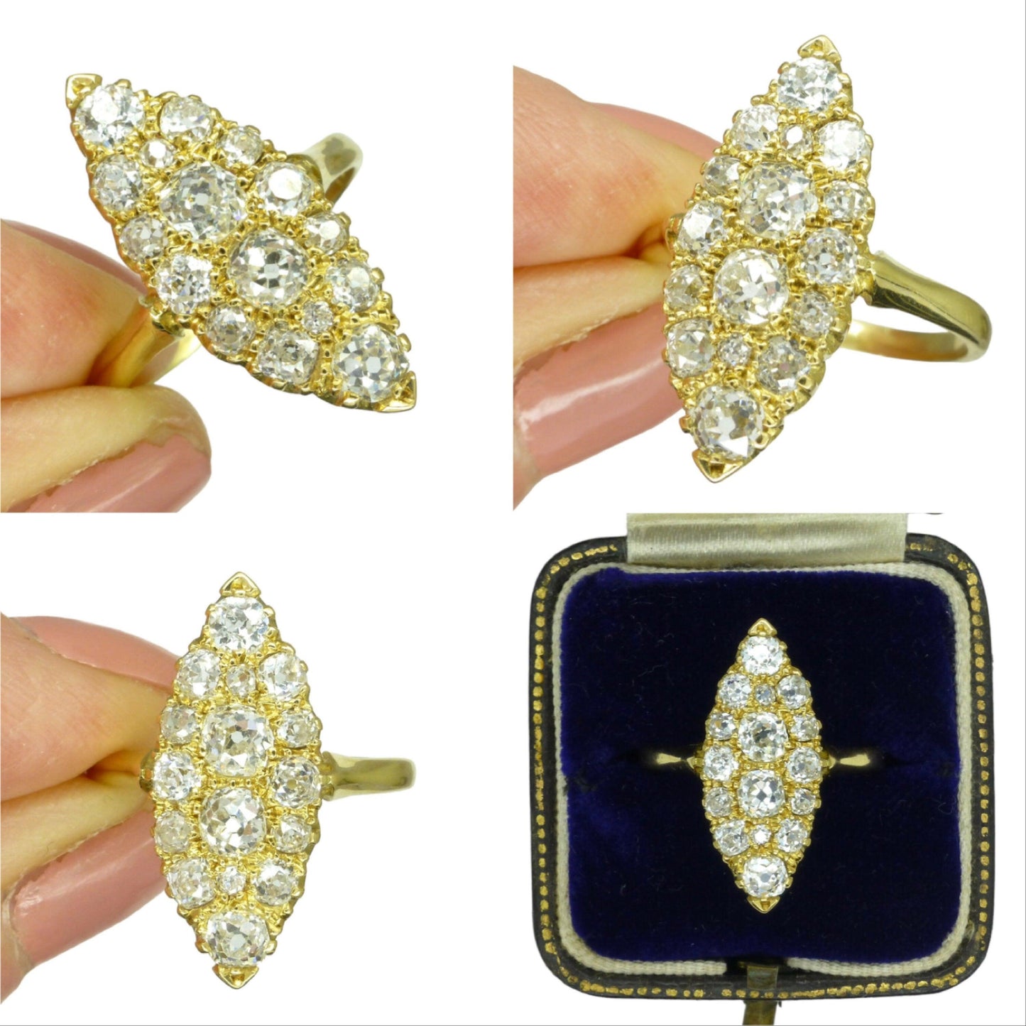 Antique 18ct gold old cut diamond marquise cluster ring c1900 ~ 1.42ct - with independent appraisal