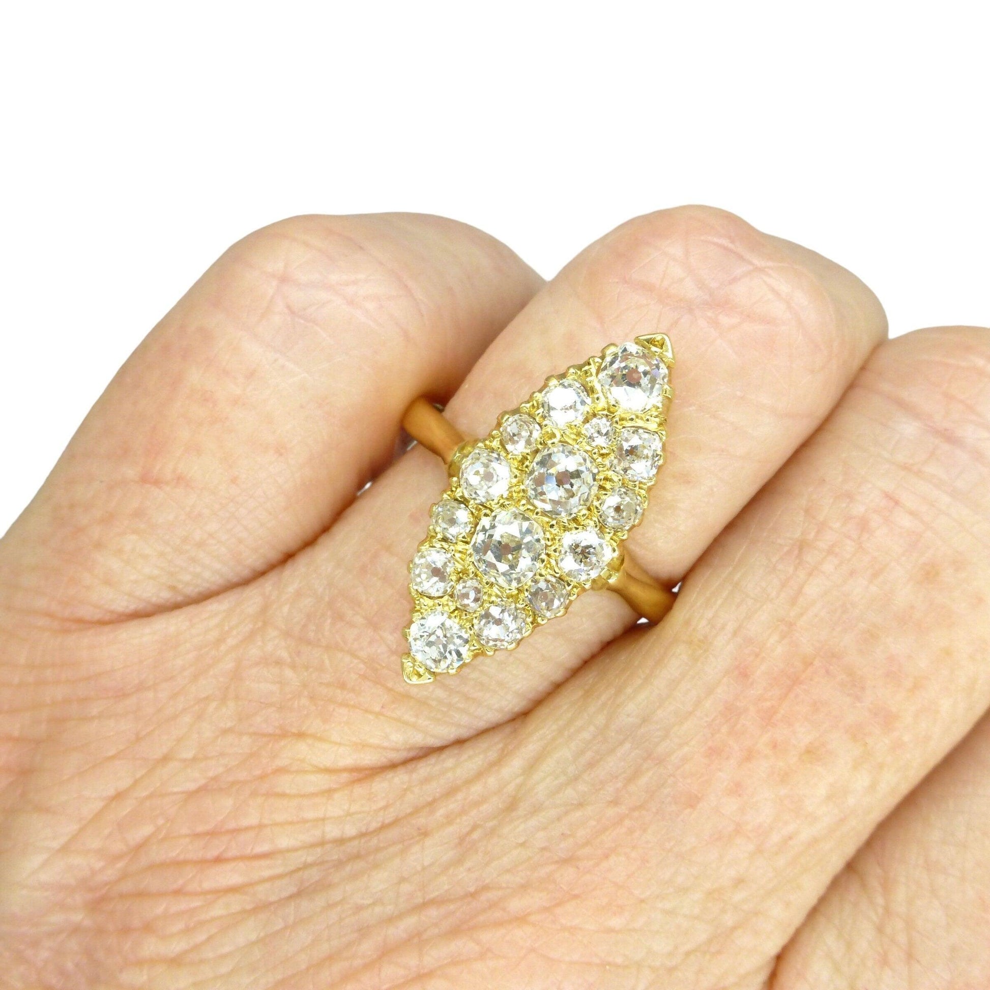 Antique 18ct gold old cut diamond marquise cluster ring c1900 ~ 1.42ct - with independent appraisal