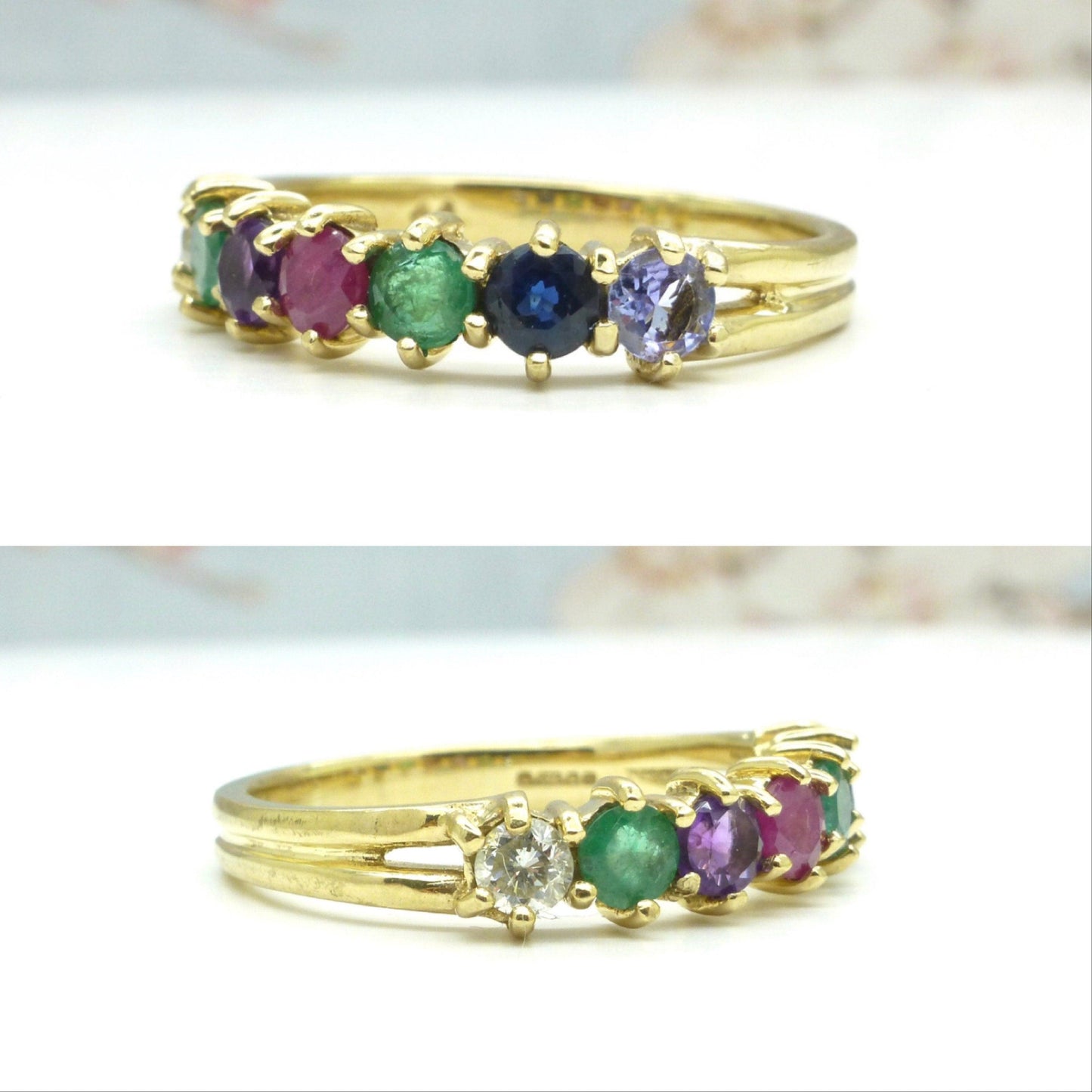 Vintage 9ct gold 'DEAREST' seven stone gemstone half eternity band ~ Anniversary ring