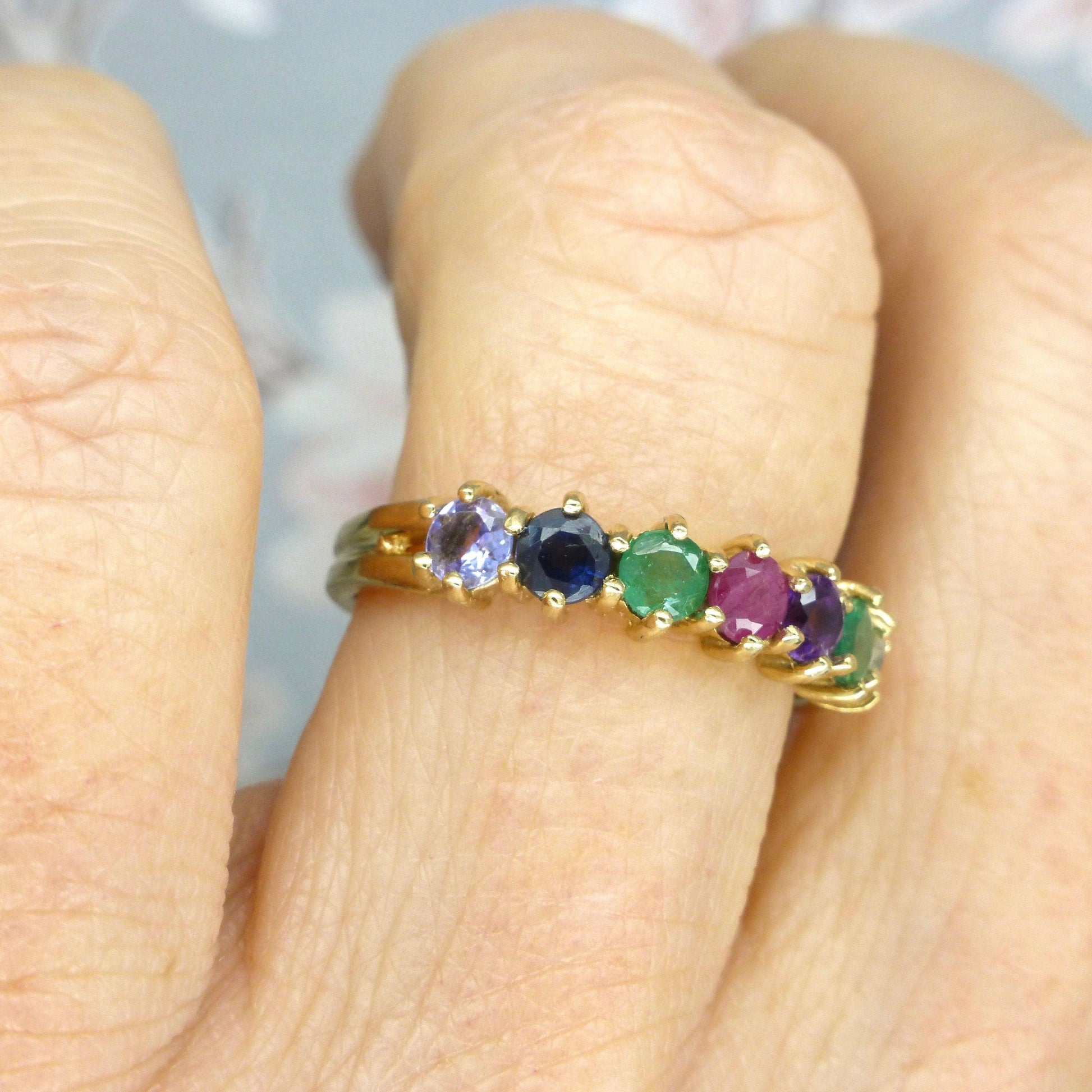 Vintage 9ct gold 'DEAREST' seven stone gemstone half eternity band ~ Anniversary ring