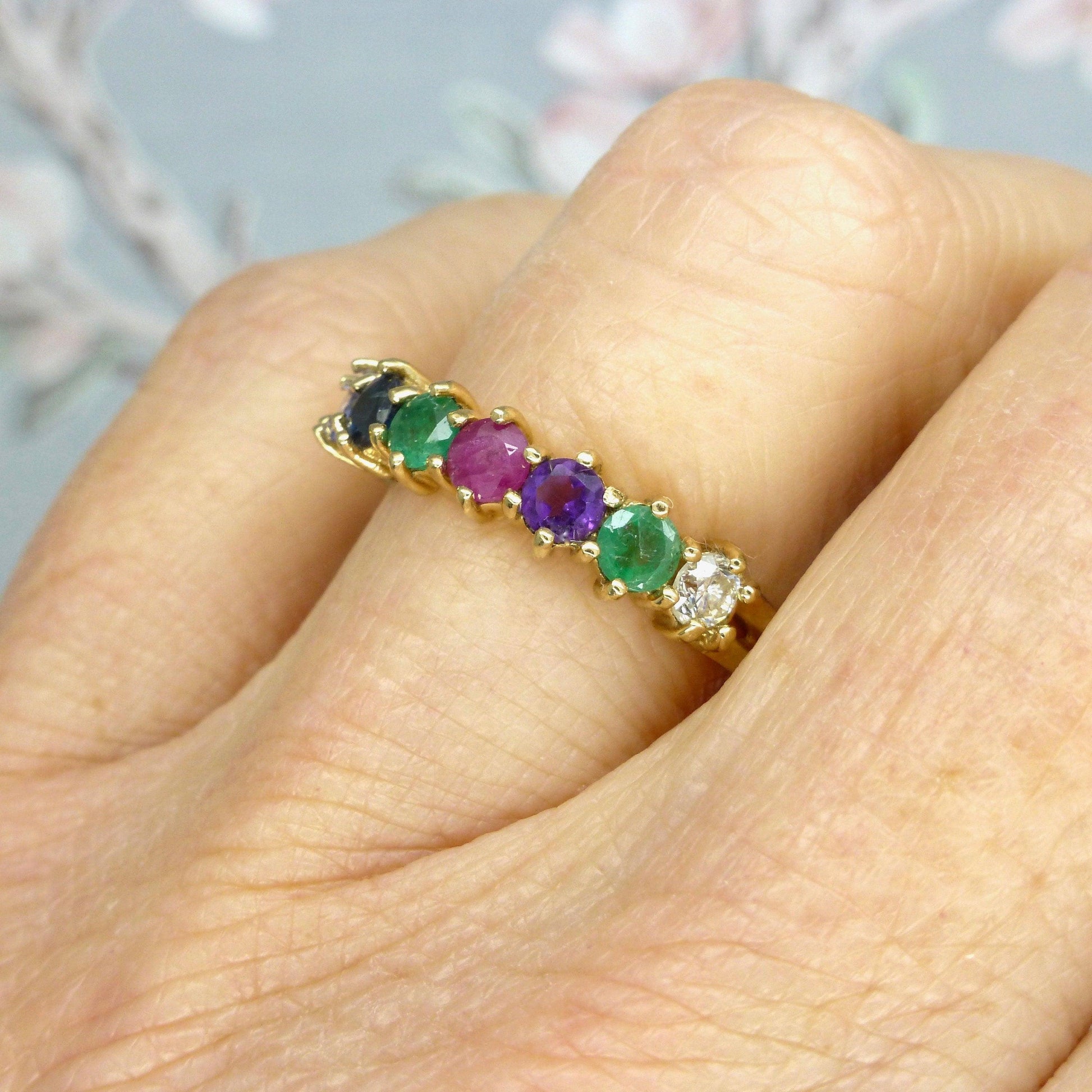 Vintage 9ct gold 'DEAREST' seven stone gemstone half eternity band ~ Anniversary ring