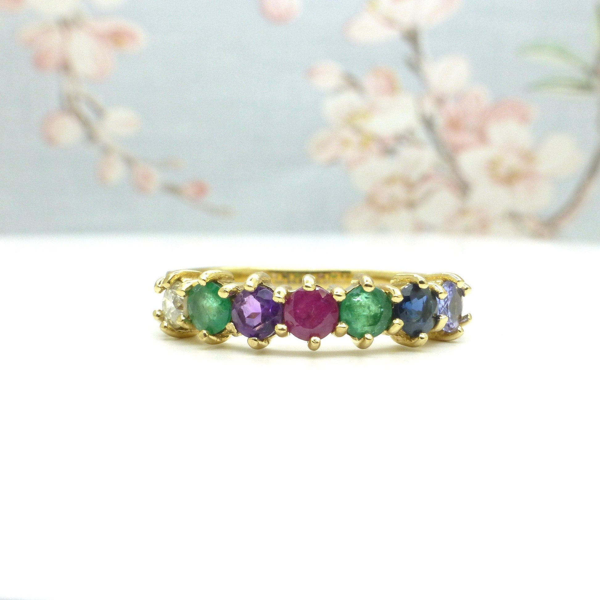 Vintage 9ct gold 'DEAREST' seven stone gemstone half eternity band ~ Anniversary ring