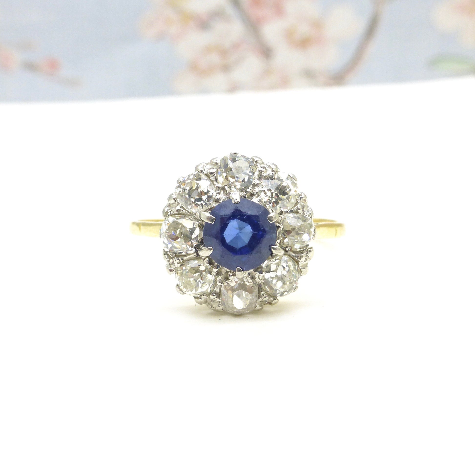 Antique 18ct Platinum sapphire & old mine cut diamond 0.80ct cluster ring 1910-1920s ~ With report