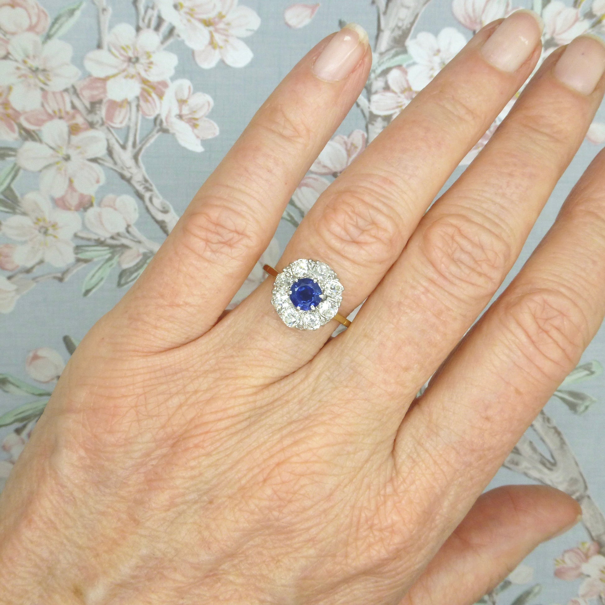 Antique 18ct Platinum sapphire & old mine cut diamond 0.80ct cluster ring 1910-1920s ~ With report