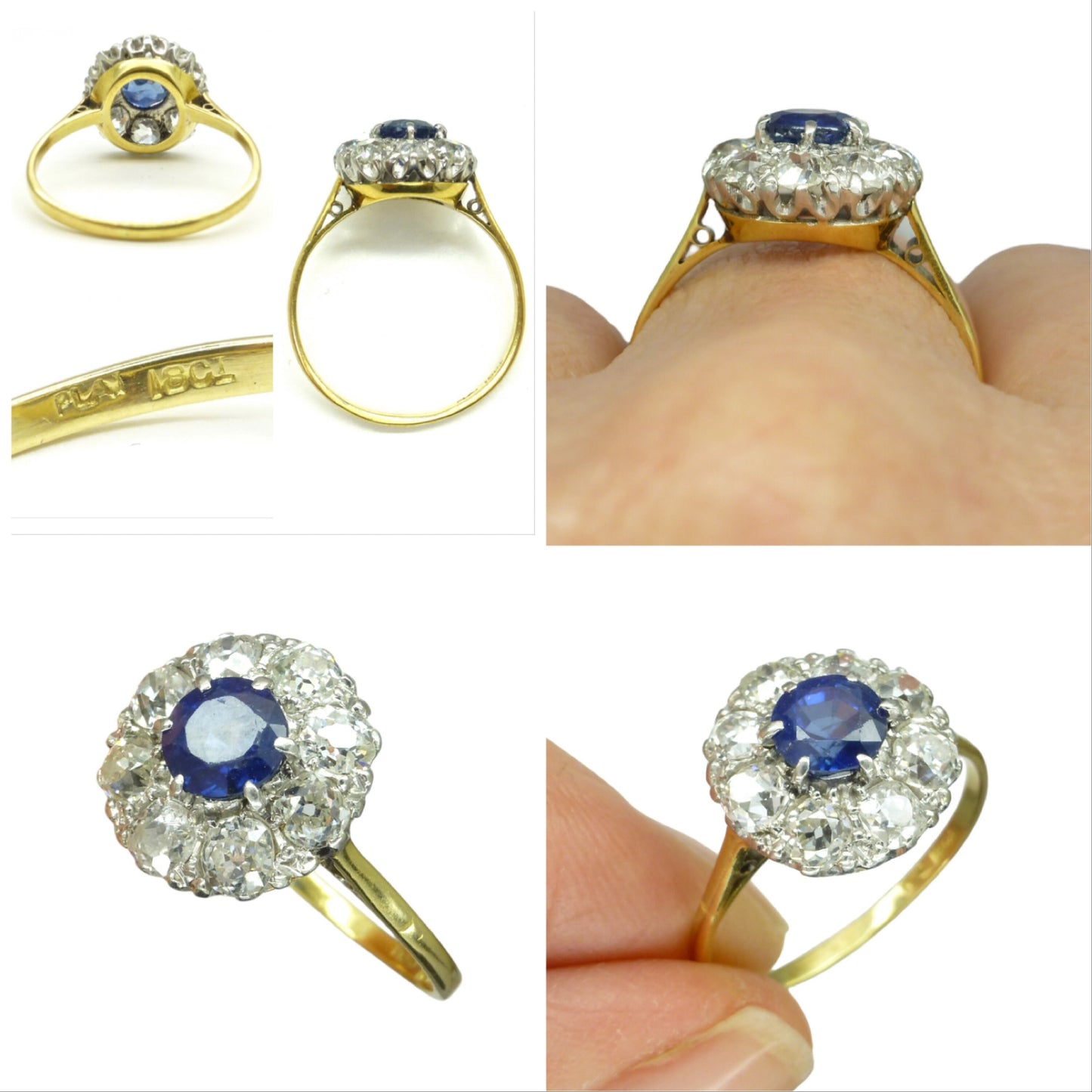 Antique 18ct Platinum sapphire & old mine cut diamond 0.80ct cluster ring 1910-1920s ~ With report