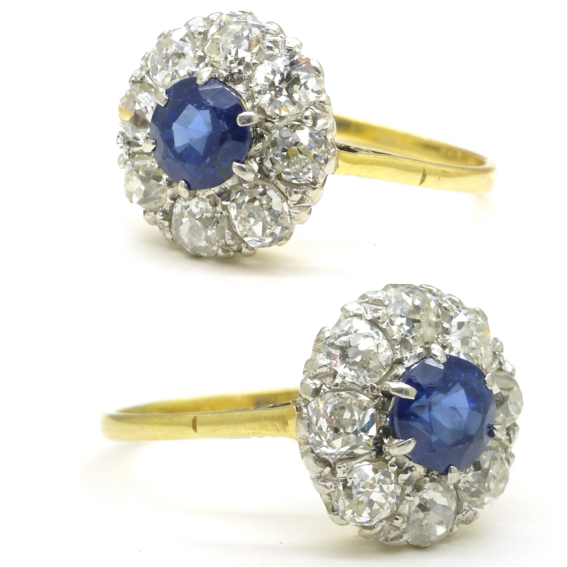 Antique 18ct Platinum sapphire & old mine cut diamond 0.80ct cluster ring 1910-1920s ~ With report