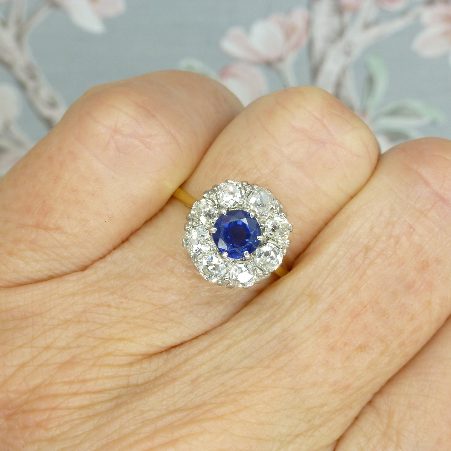 Antique 18ct Platinum sapphire & old mine cut diamond 0.80ct cluster ring 1910-1920s ~ With report