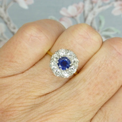 Antique 18ct Platinum sapphire & old mine cut diamond 0.80ct cluster ring 1910-1920s ~ With report