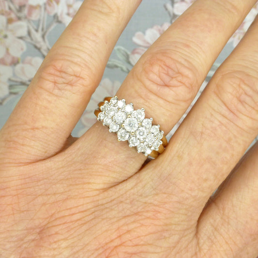 Vintage 9ct three row Diamond cluster ring 1.00 carat ~ 21 diamond eternity ring