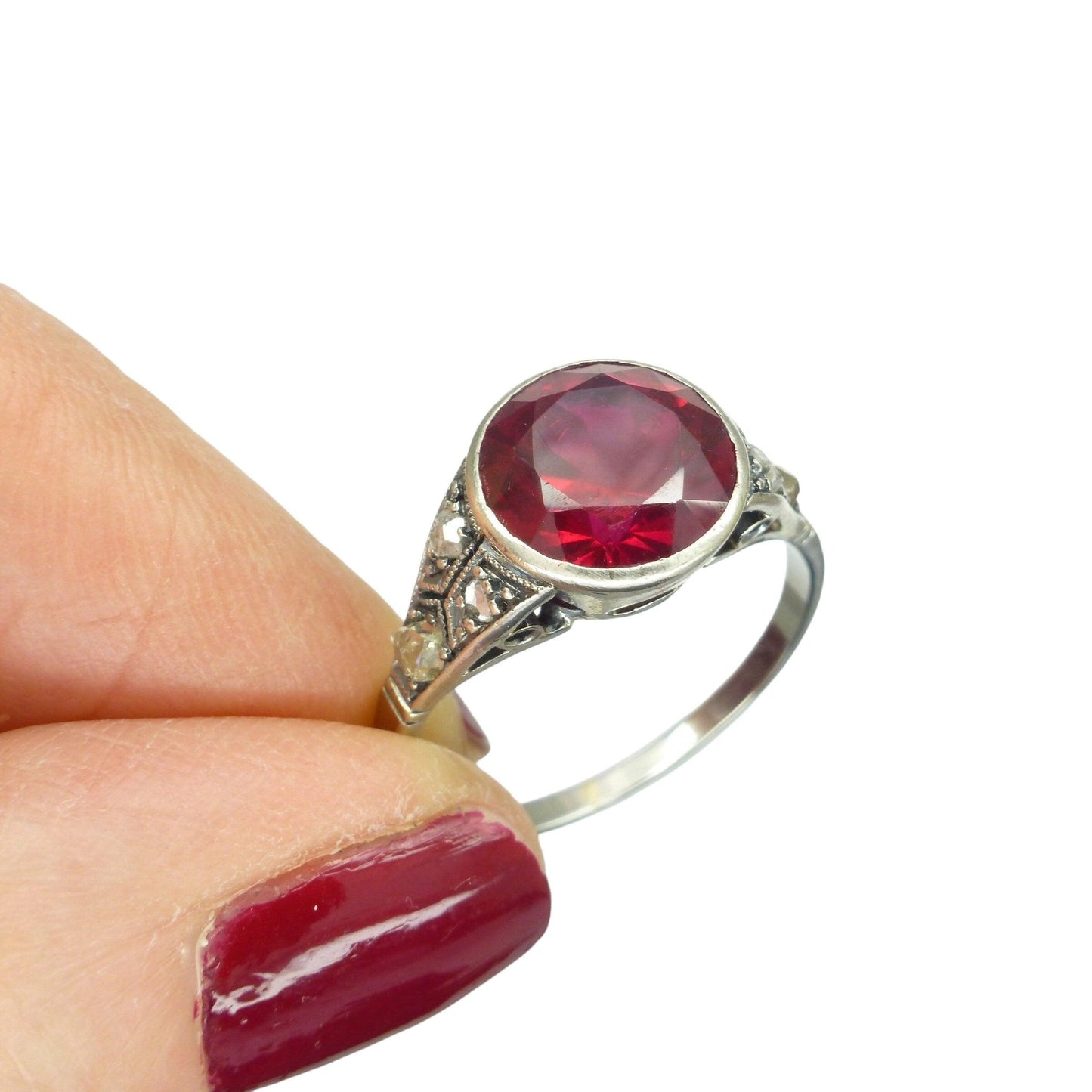 Art Deco white gold Vernueil Ruby and rose cut diamond solititaire ring c1920's