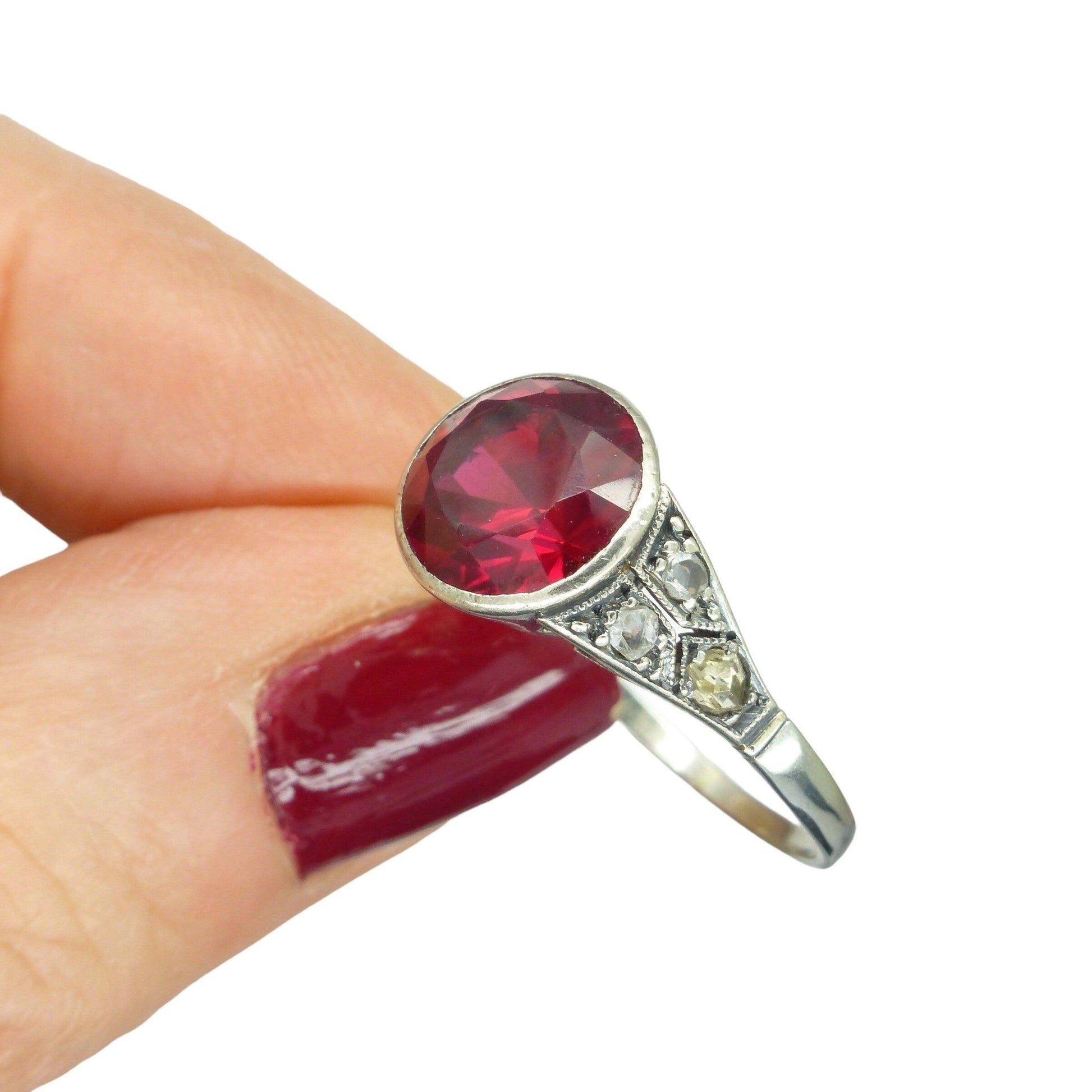 Art Deco white gold Vernueil Ruby and rose cut diamond solititaire ring c1920's