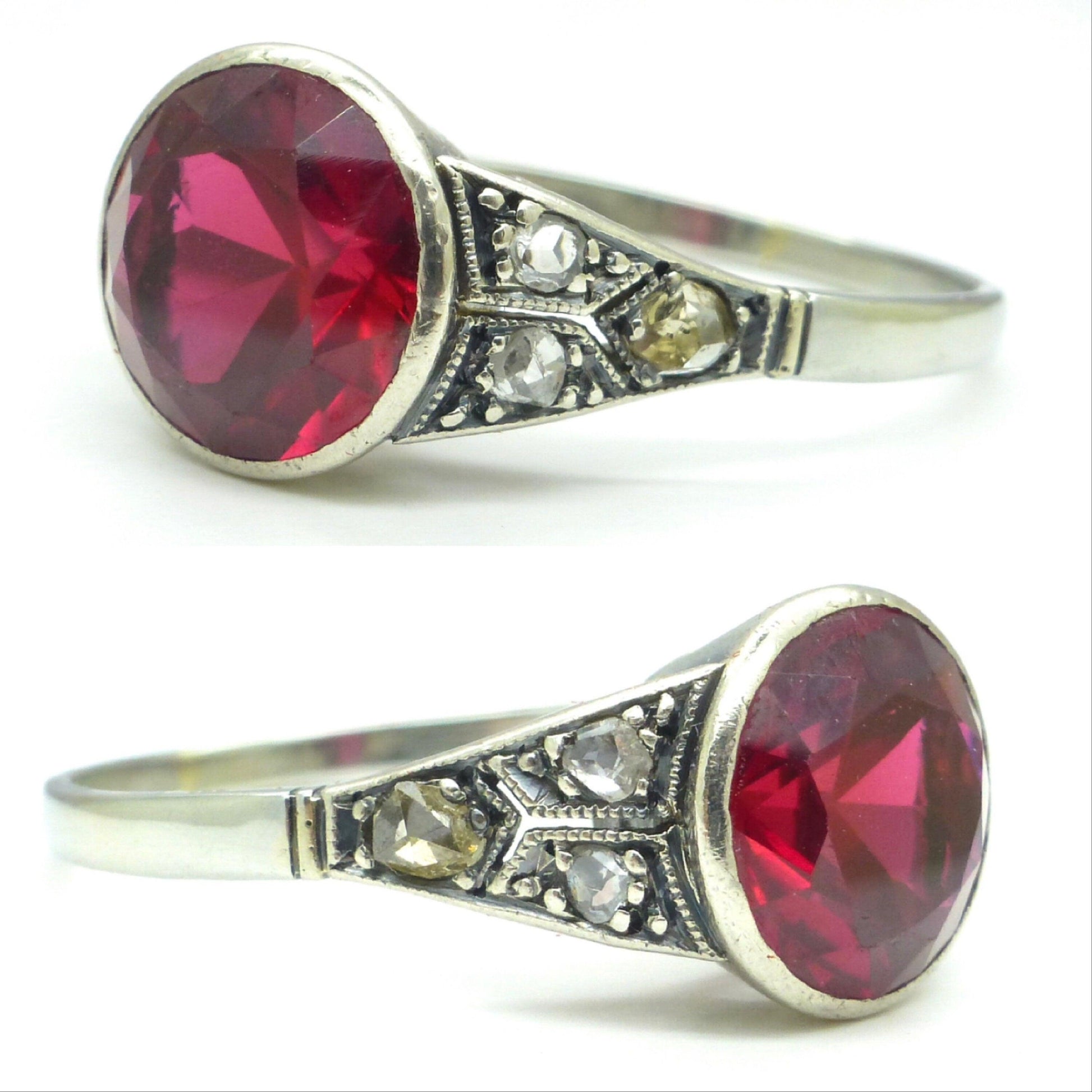 Art Deco white gold Vernueil Ruby and rose cut diamond solititaire ring c1920's