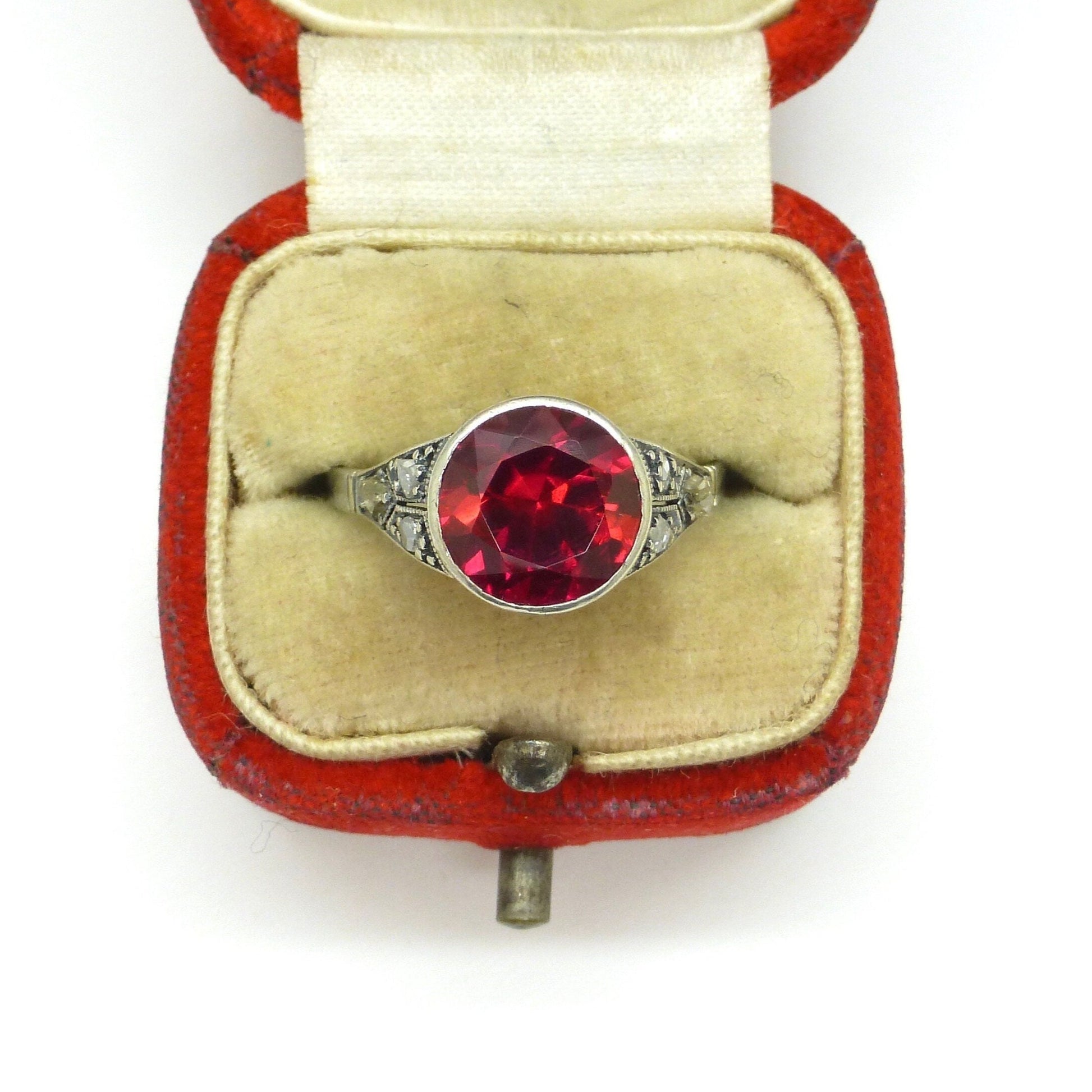 Art Deco white gold Vernueil Ruby and rose cut diamond solititaire ring c1920's