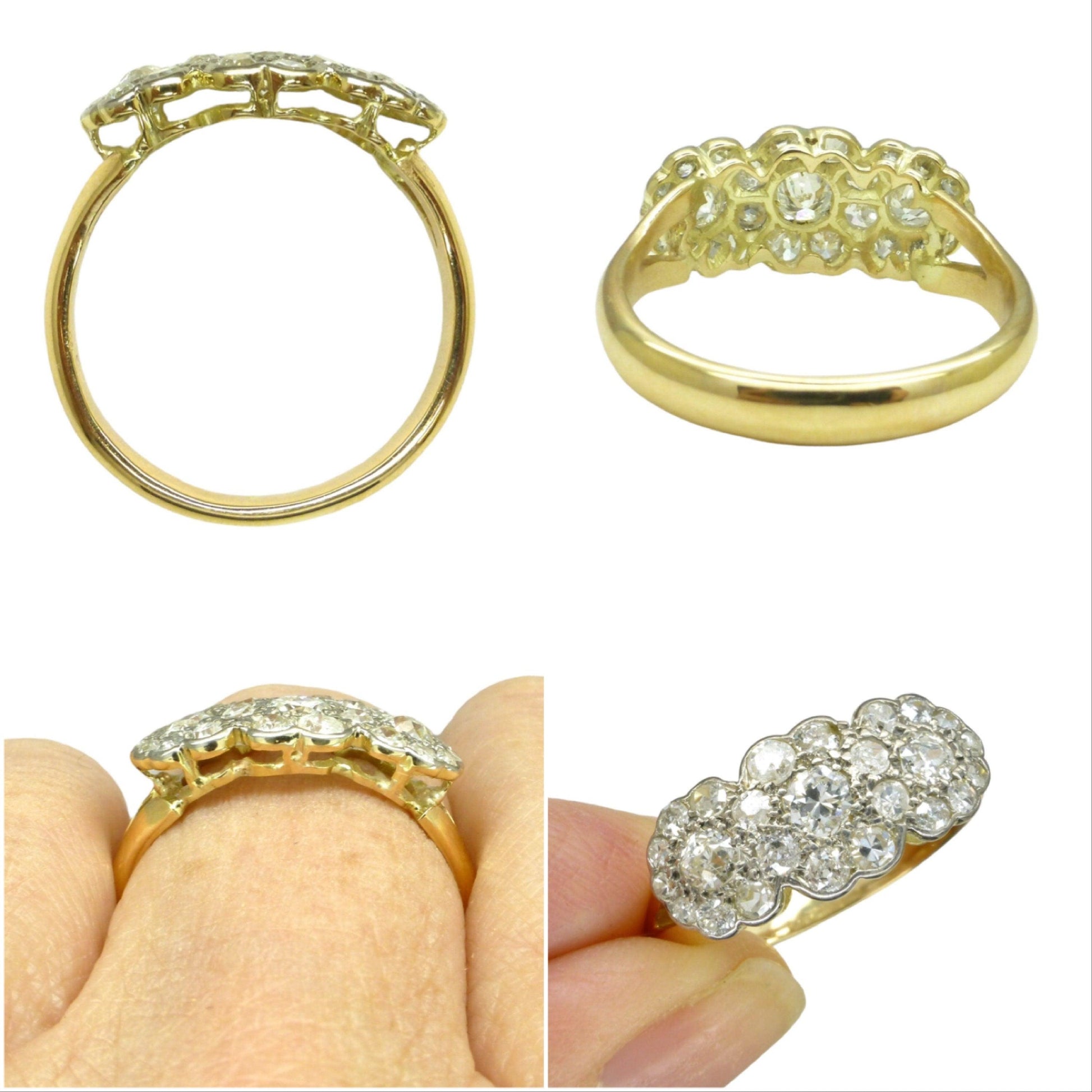Antique 18ct Old Cut Diamond triple daisy cluster halo ring ~ Independent report