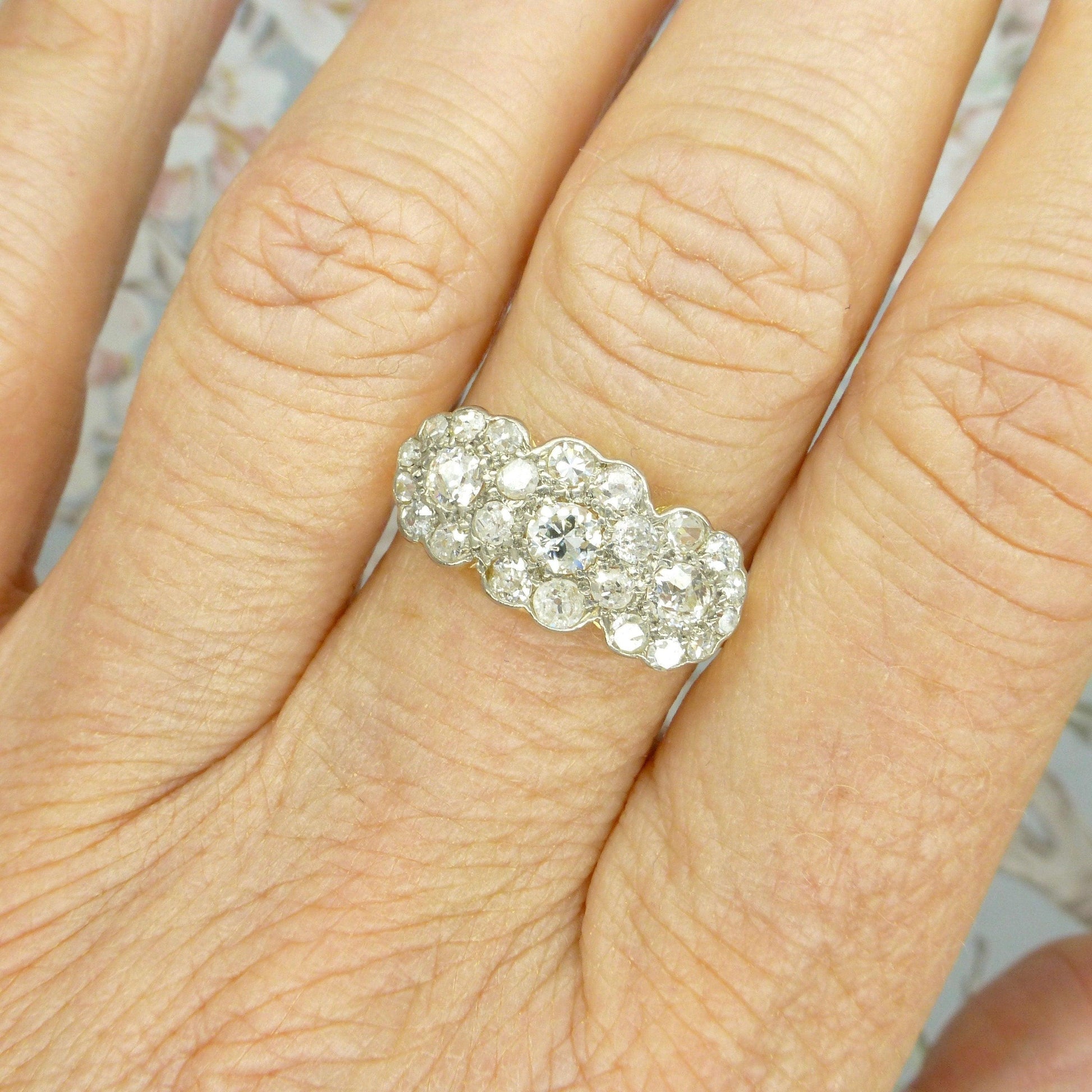 Antique 18ct Old Cut Diamond triple daisy cluster halo ring ~ Independent report