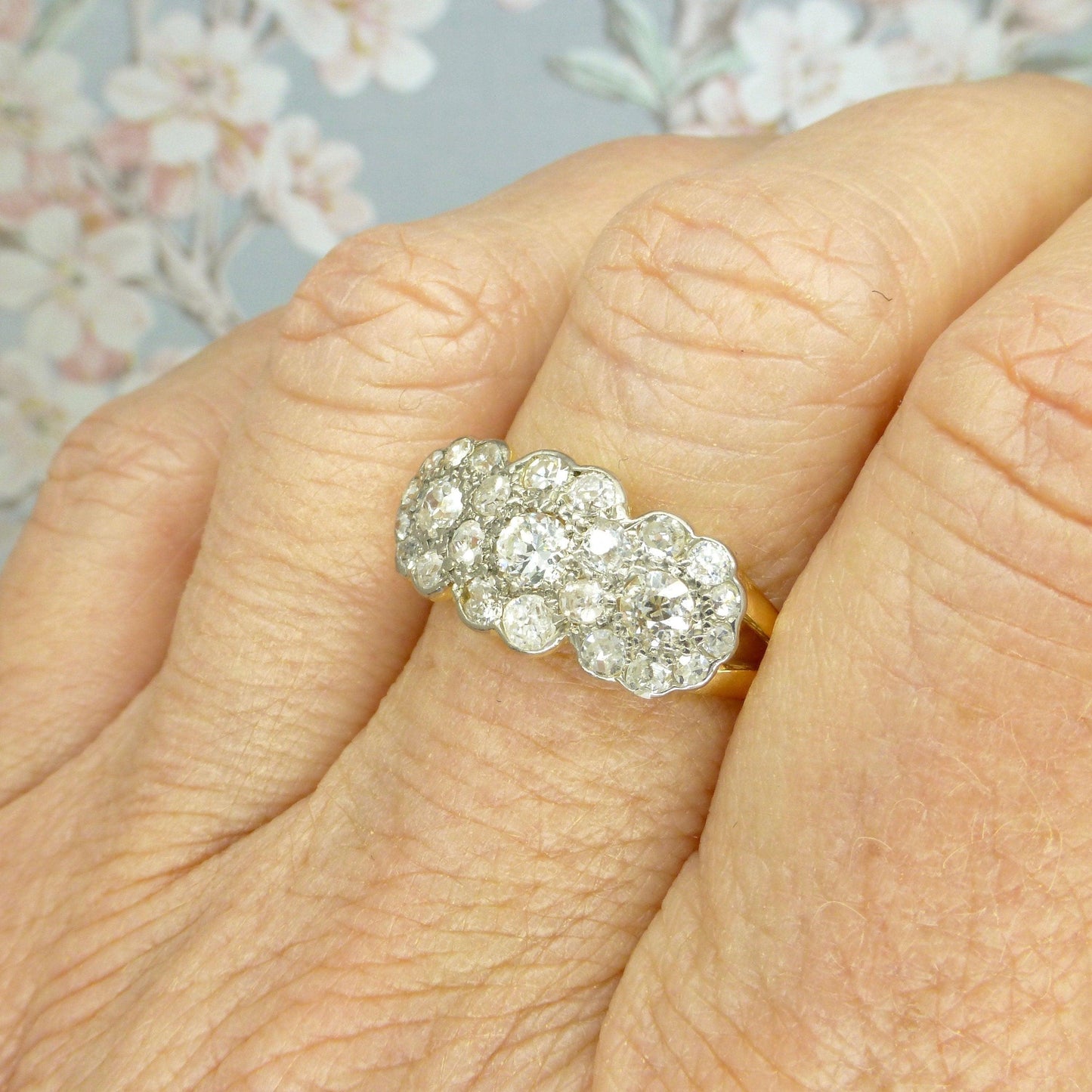 Antique 18ct Old Cut Diamond triple daisy cluster halo ring ~ Independent report