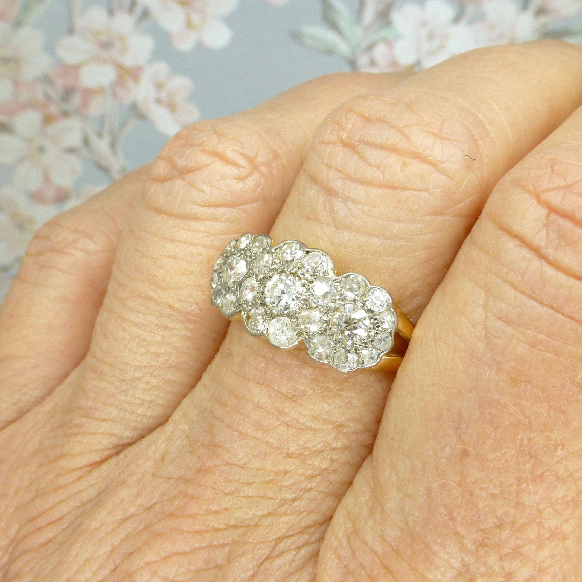 Antique 18ct Old Cut Diamond triple daisy cluster halo ring ~ Independent report