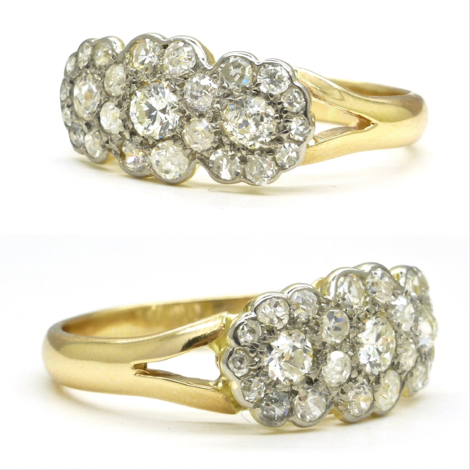 Antique 18ct Old Cut Diamond triple daisy cluster halo ring ~ Independent report