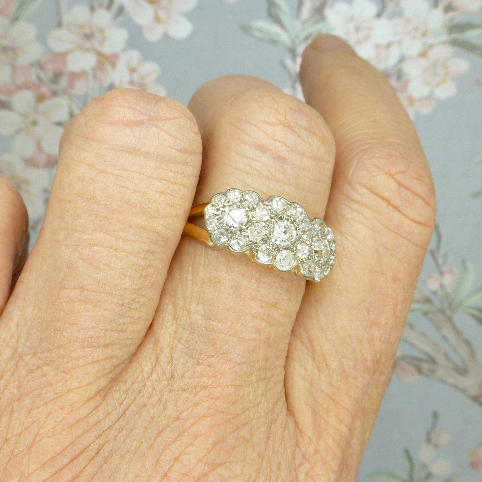 Antique 18ct Old Cut Diamond triple daisy cluster halo ring ~ Independent report