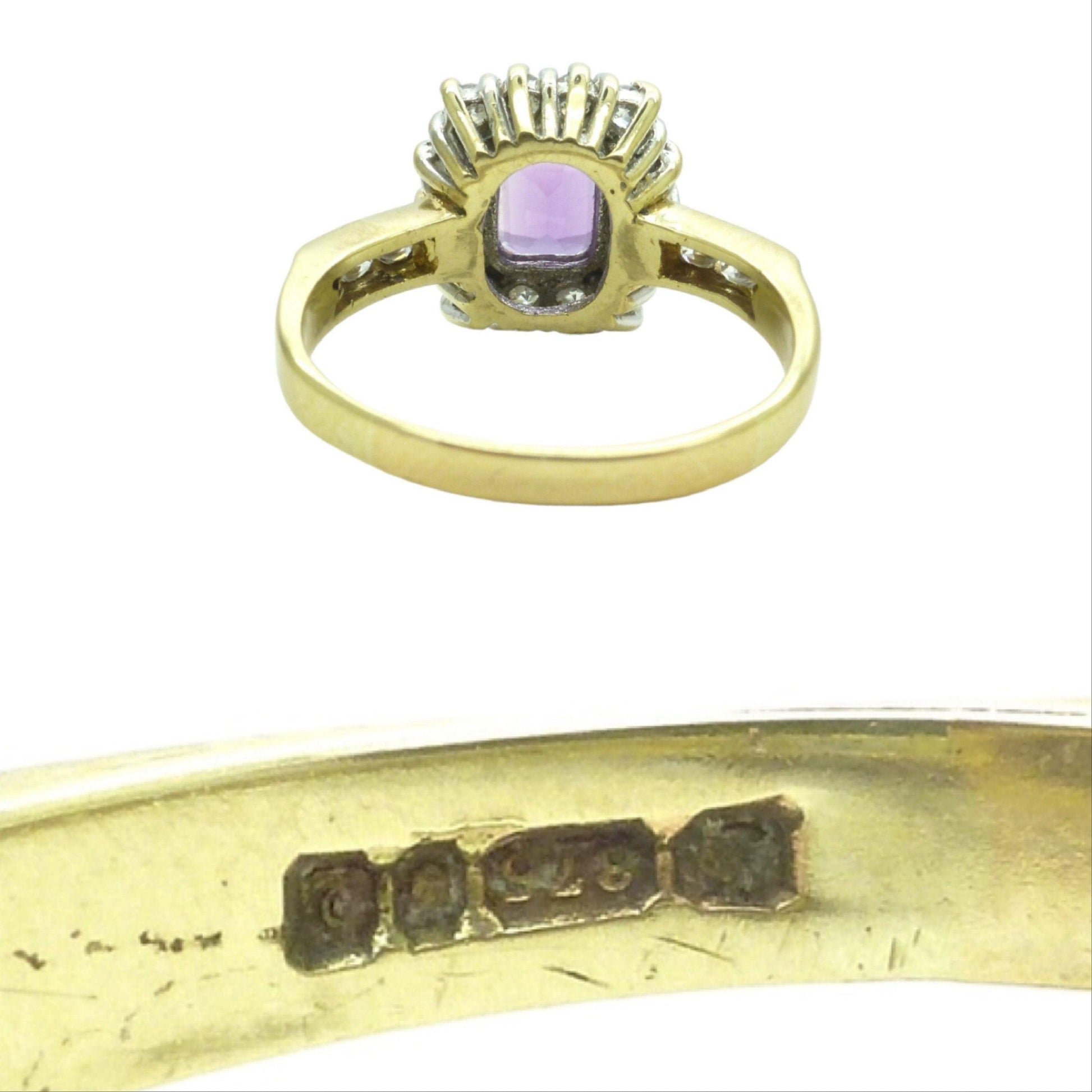 Vintage 9ct gold emerald cut Amethyst & CZ cluster dress ring