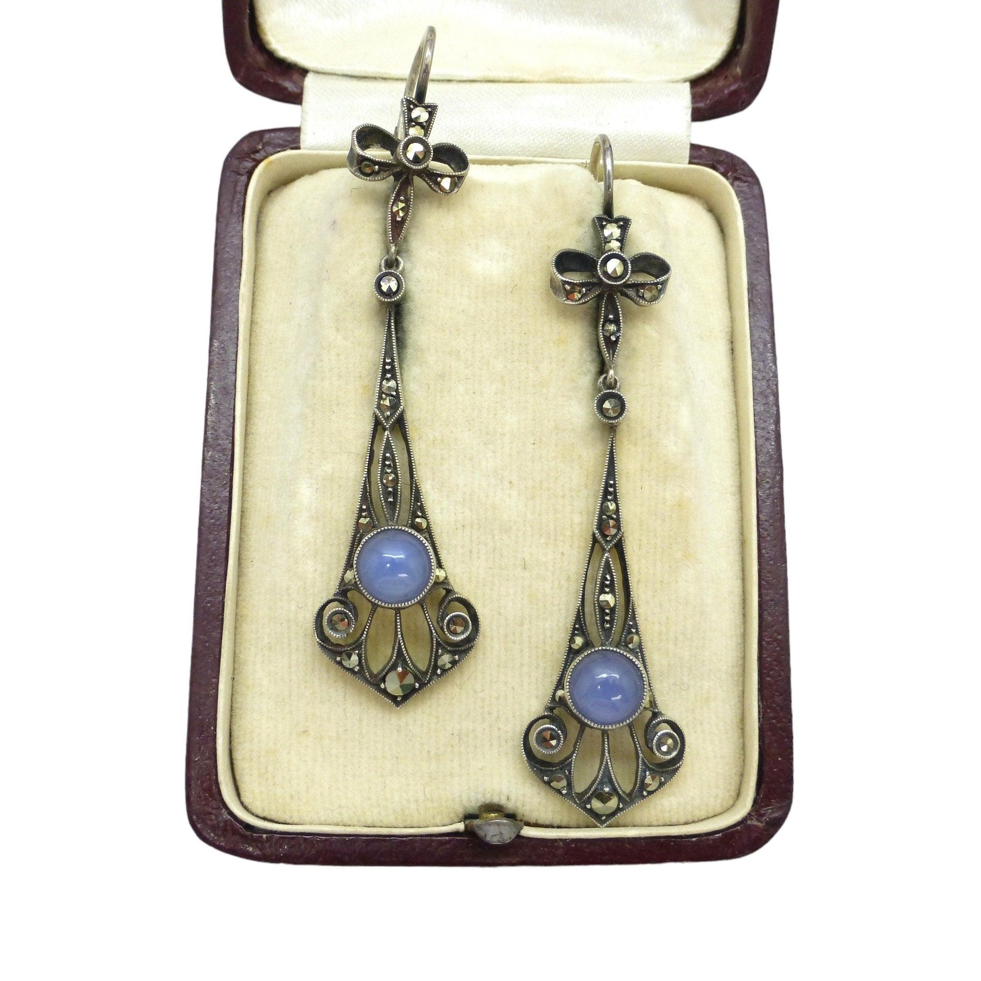 Art Nouveau silver marcasite & blue chalcedony drop earrings 1900 