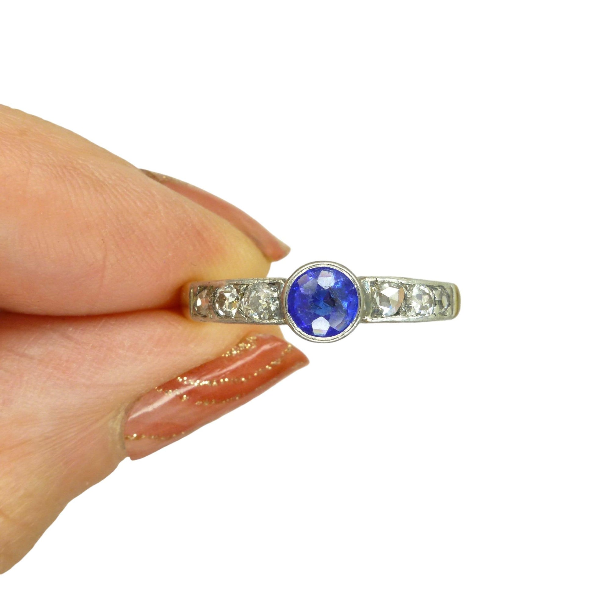 Antique Platinum 15ct old cut diamond & synthetic sapphire solitaire ring c1910's