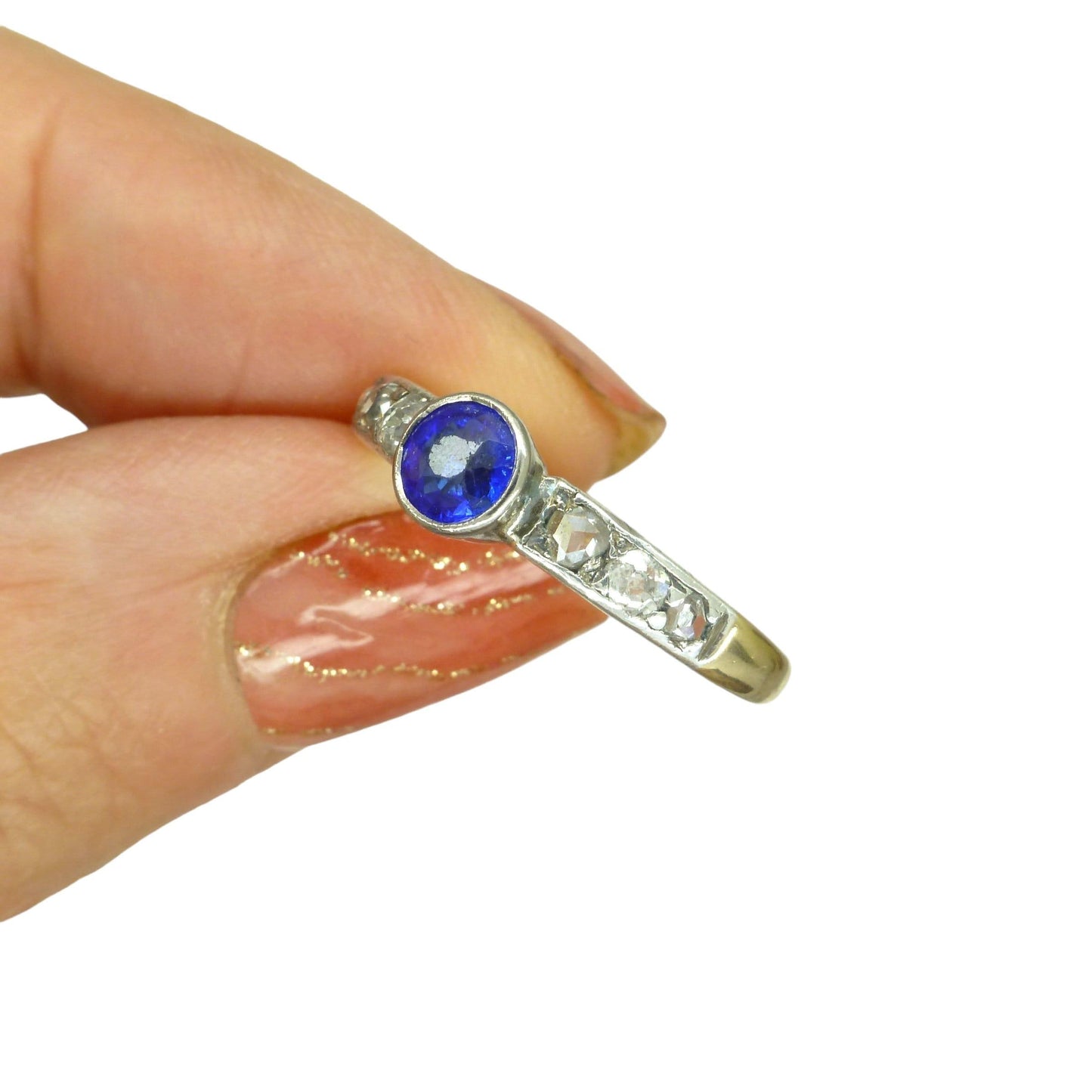 Antique Platinum 15ct old cut diamond & synthetic sapphire solitaire ring c1910's