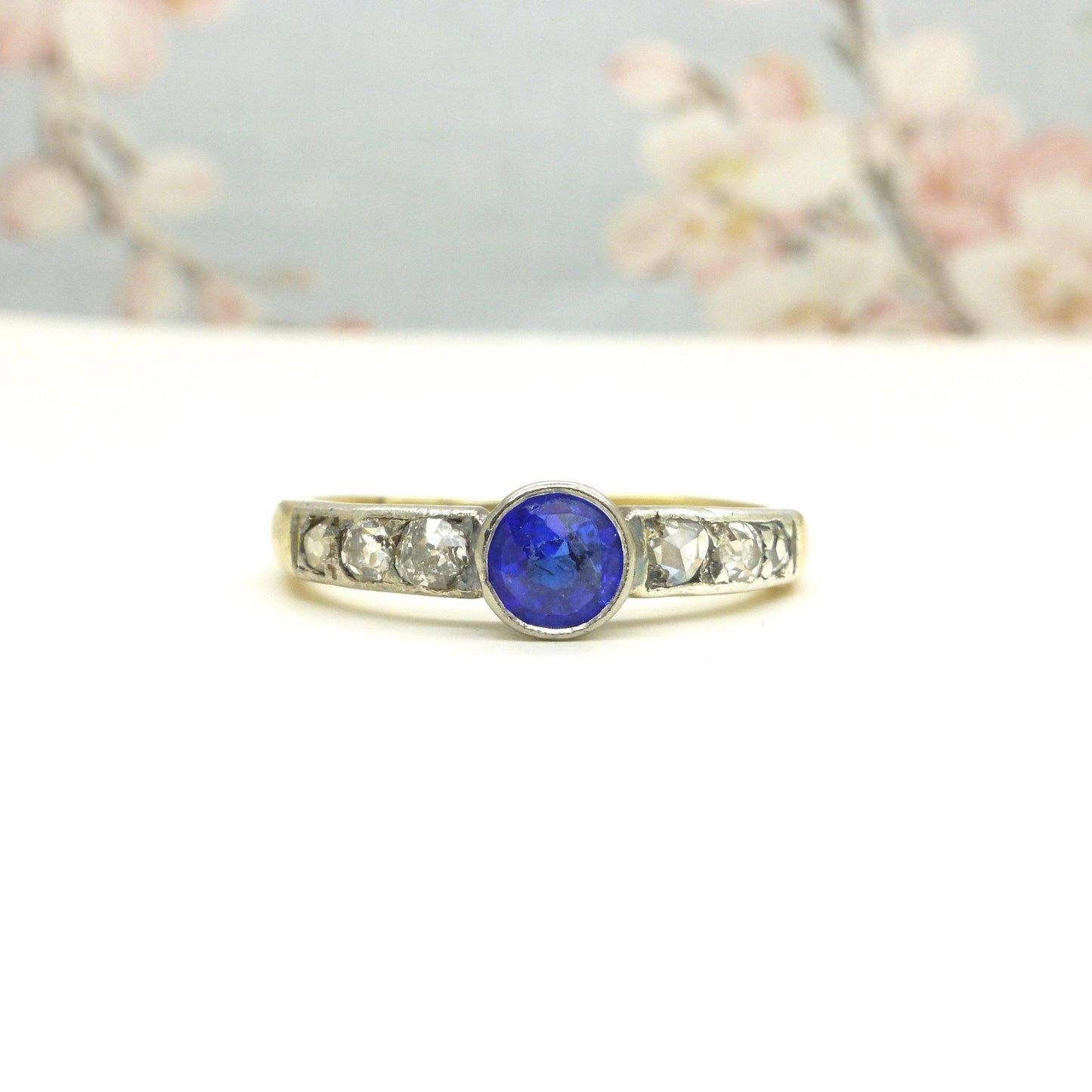 Antique Platinum 15ct old cut diamond & synthetic sapphire solitaire ring c1910's