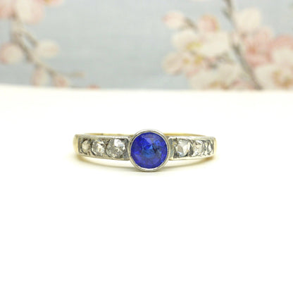 Antique Platinum 15ct old cut diamond & synthetic sapphire solitaire ring c1910's