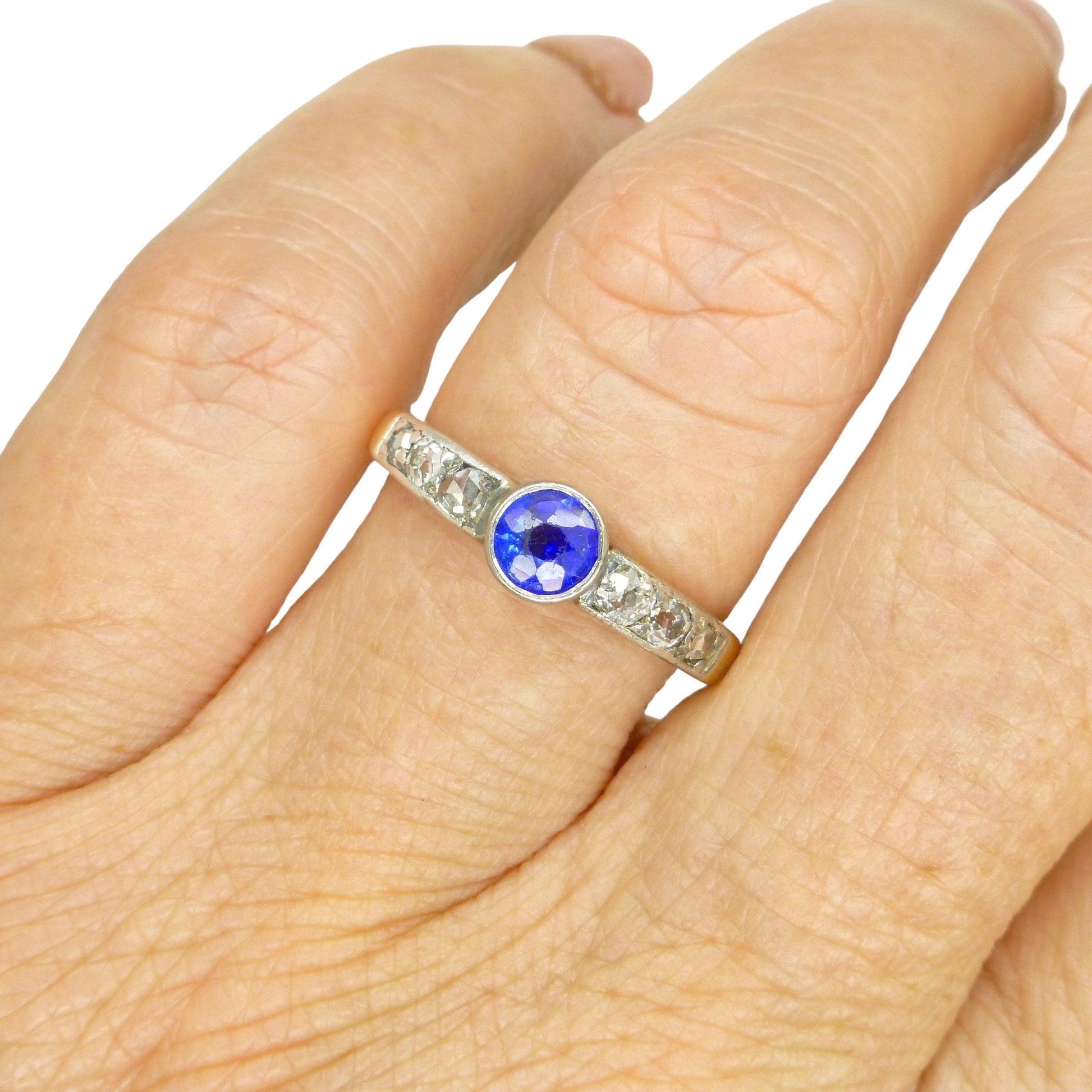 Antique Platinum 15ct old cut diamond & synthetic sapphire solitaire ring c1910's