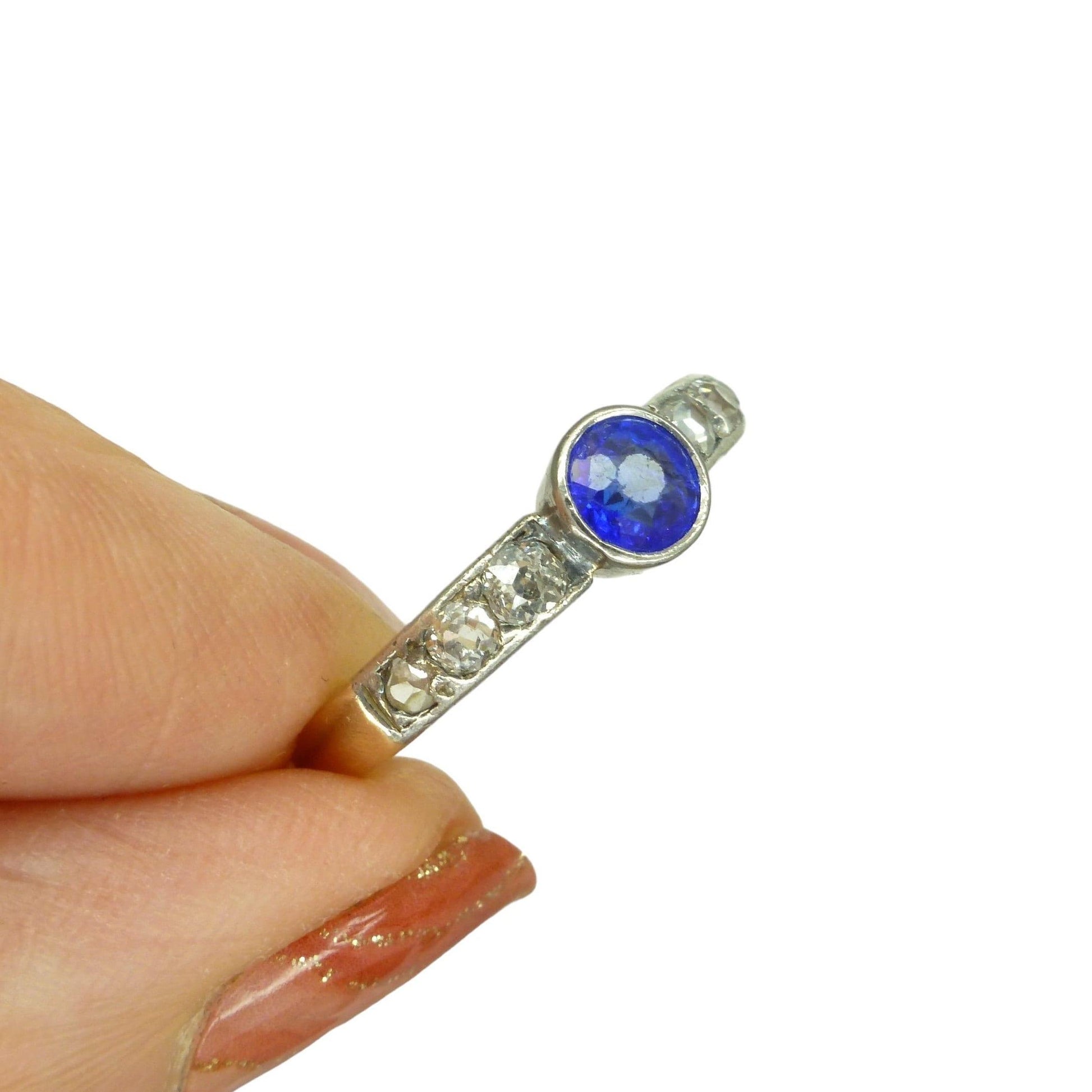 Antique Platinum 15ct old cut diamond & synthetic sapphire solitaire ring c1910's