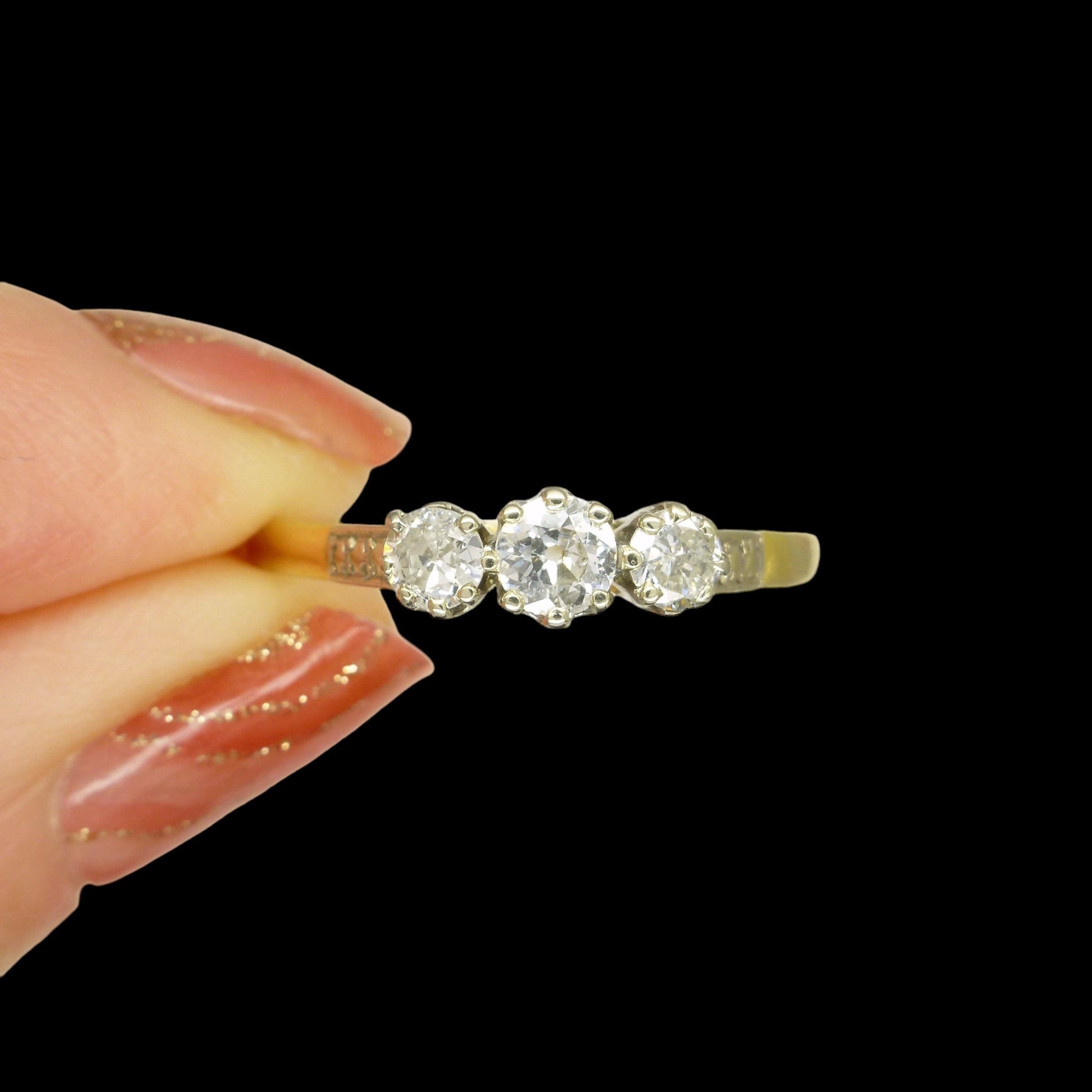 Vintage 18ct old cut diamond three stone trilogy ring 0.50ct ~ c1930's