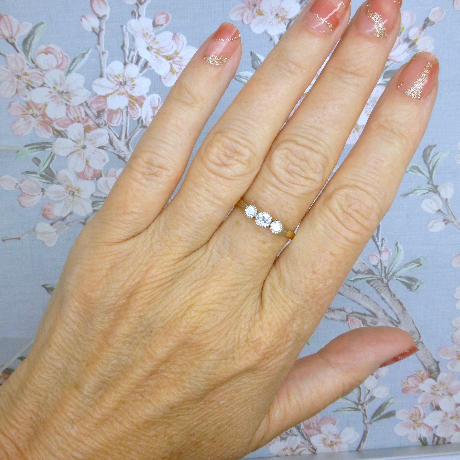 Vintage 18ct old cut diamond three stone trilogy ring 0.50ct ~ c1930's