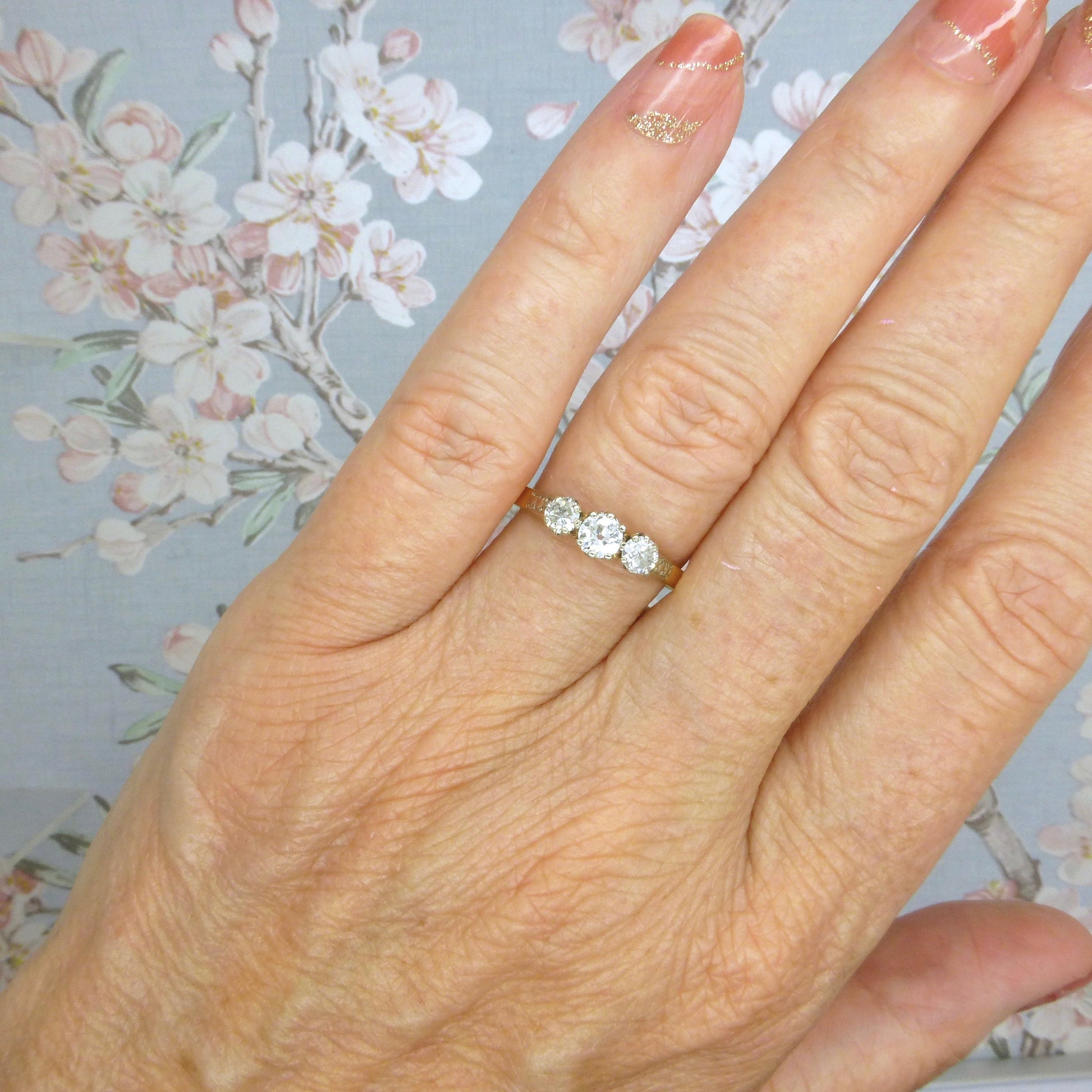 Vintage 18ct old cut diamond three stone trilogy ring 0.50ct ~ c1930's
